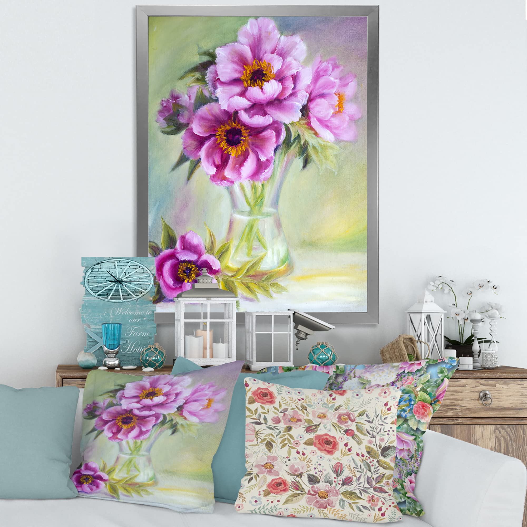 DesignQ Peonies in Vase Still Life Traditional Framed Wall Art - Floral Home Decor for Living Room, Bedroom & Office
