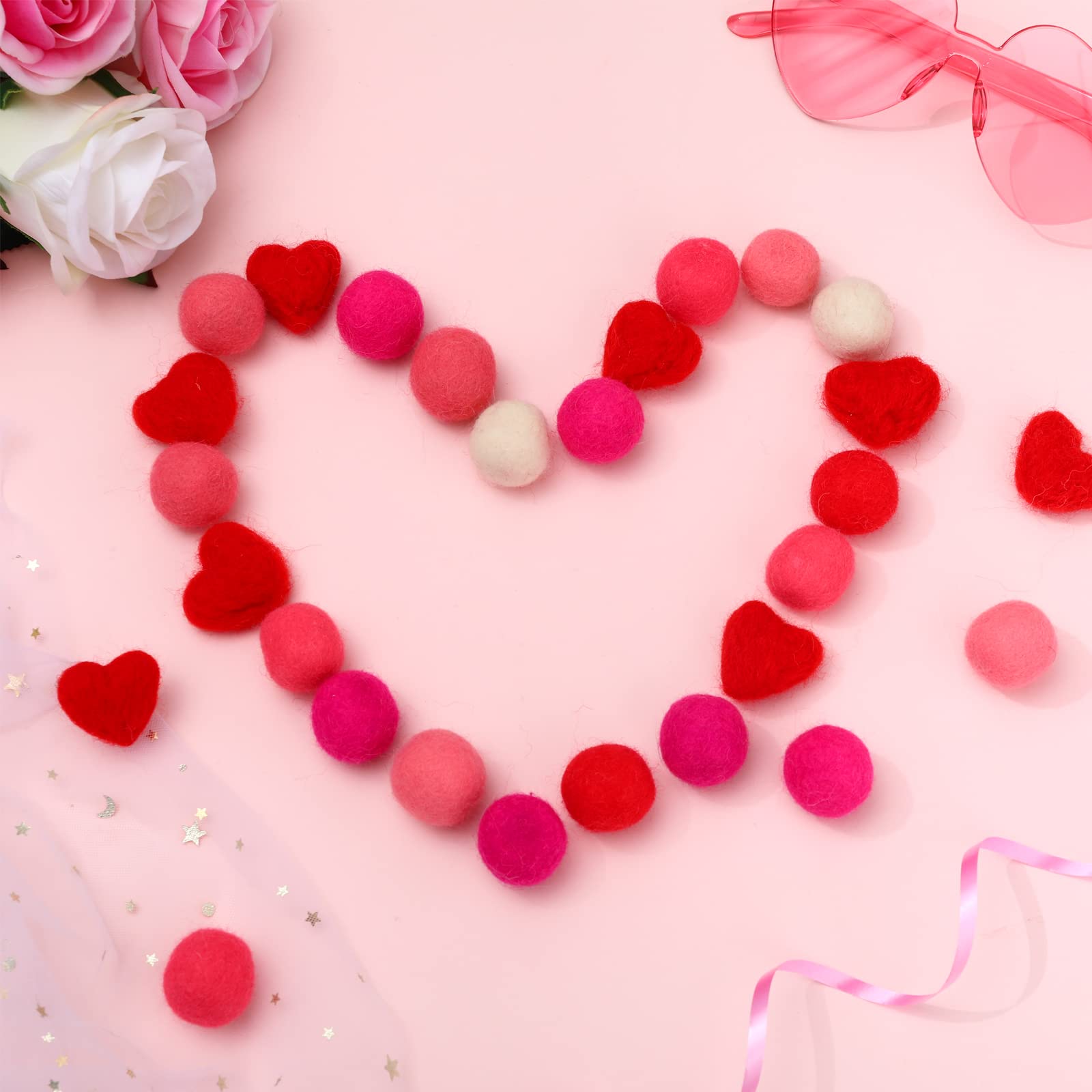 63-Piece Wool Felt Balls & Hearts Set - 15 Heart-Shaped Pom Poms for Valentine's Day DIY Crafts, Home Decor & Garland Making - Includes Sewing Kit for Easy DIY Projects | Perfect for Party Decorations, Gift Wrapping & Nursery Decor
