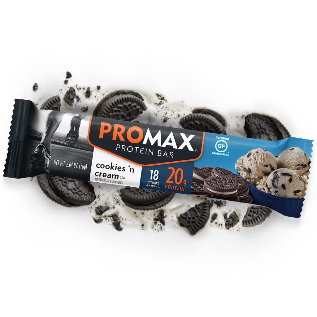 Promax Protein Bar Cookies 'n Cream - 20g High Protein, Gluten Free, Low Sugar, 12 Pack - Perfect for Post-Workout Recovery, Healthy Snacking & On-the-Go Nutrition