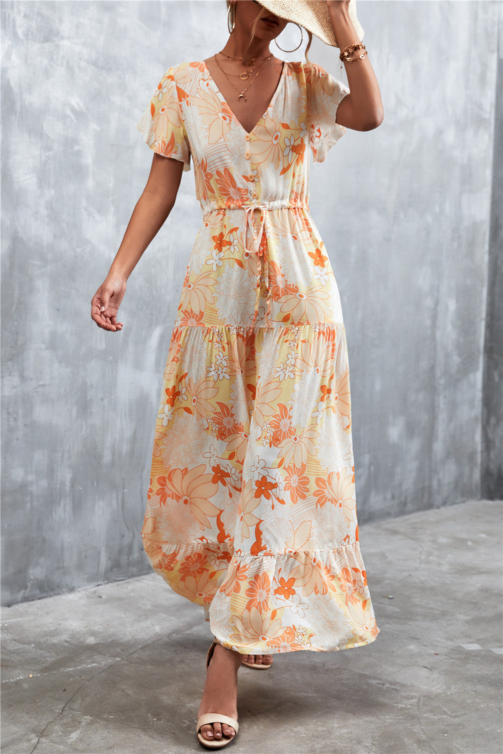Floral Print Button Front Tiered Midi Dress with Drawstring Waist - Perfect for Spring Weddings, Garden Parties & Date Nights