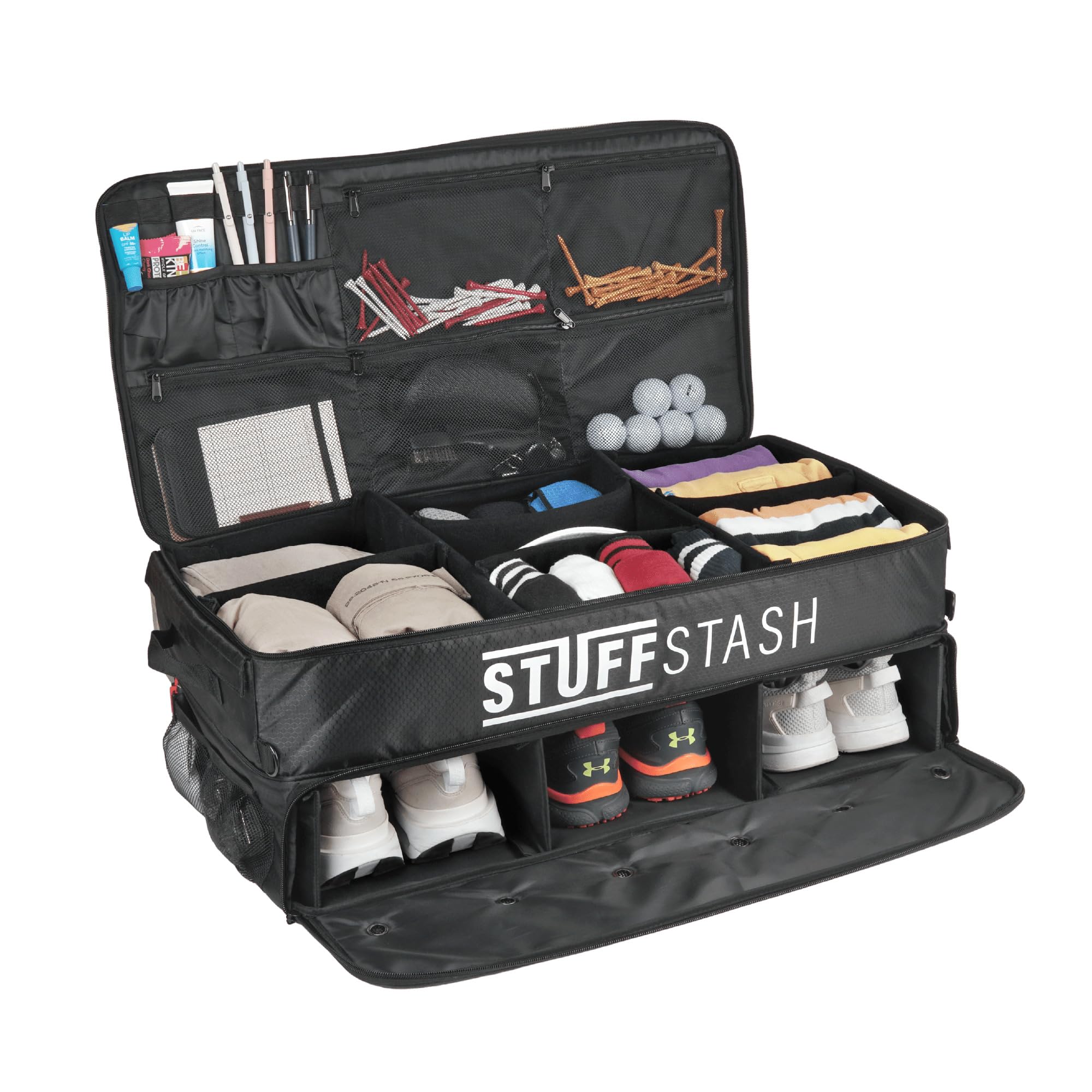 STUFFSTASH Extra Large Golf Trunk Organizer - 3 Shoe Compartments with Dividers for Tees, Gloves & Balls - Car SUV Storage for Golf Accessories - Perfect Golf Gift for Men & Women - Ideal for Road Trips, Tournaments & Club Storage