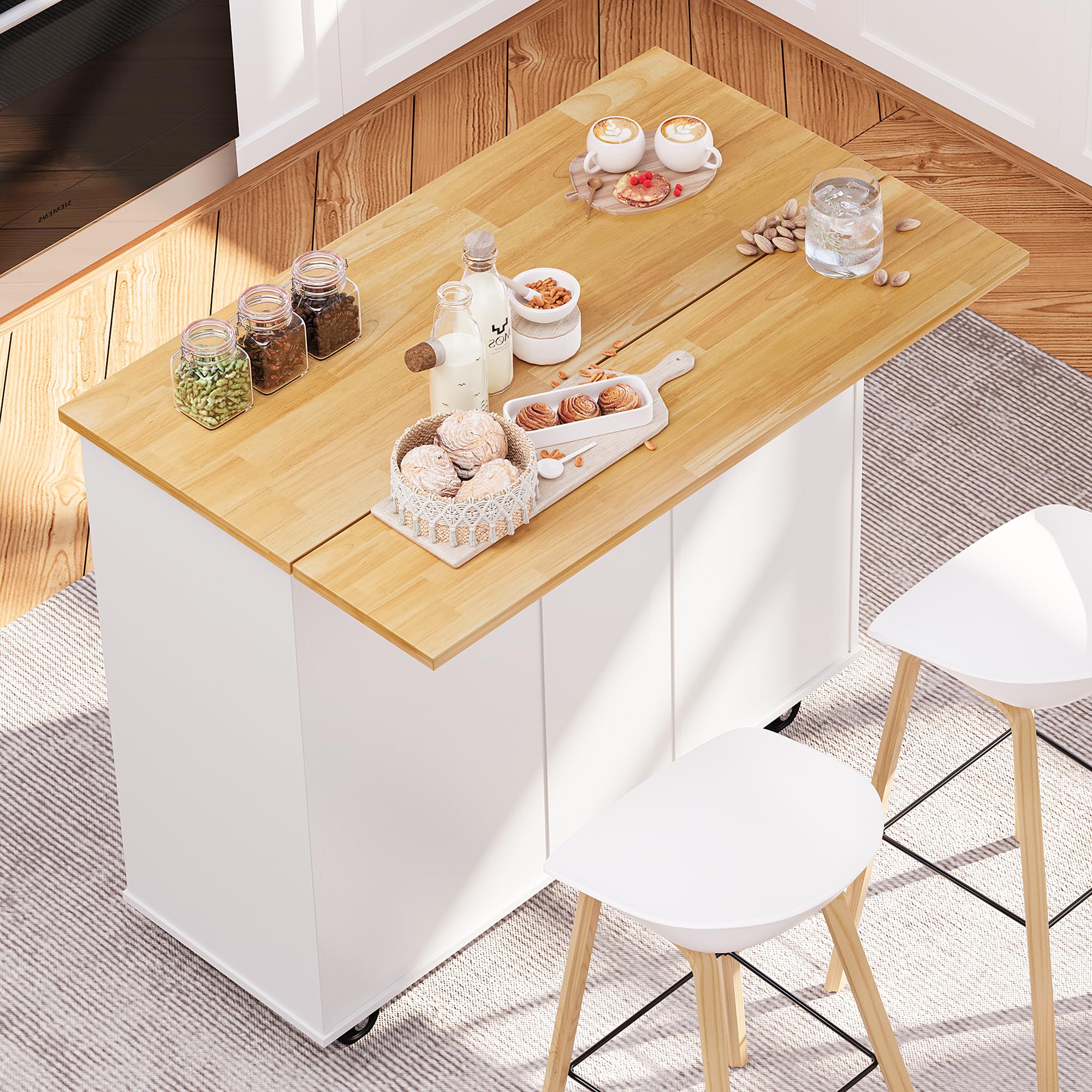 SUNLEI 39.7-Inch White Kitchen Island Cart on Wheels with Storage Cabinet & Foldable Drop Leaf - Portable Rolling Kitchen Table with Towel Handle - Perfect for Small Kitchens, Apartments & Dining Room Prep