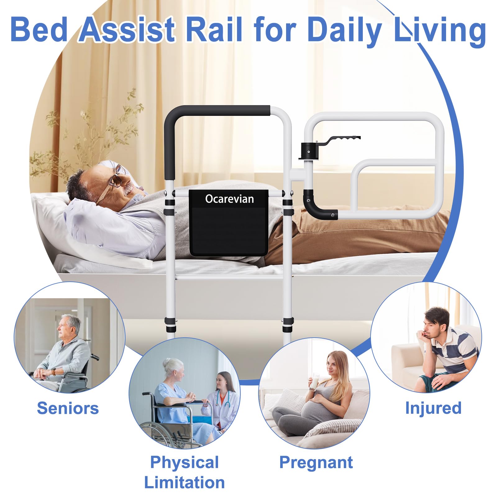 Elderly Bed Safety Rails for Adults & Seniors - Adjustable Bed Guard Rails with Storage Pouch for King, Queen, Full & Twin Size Beds - Perfect for Fall Prevention & Assisted Sleeping