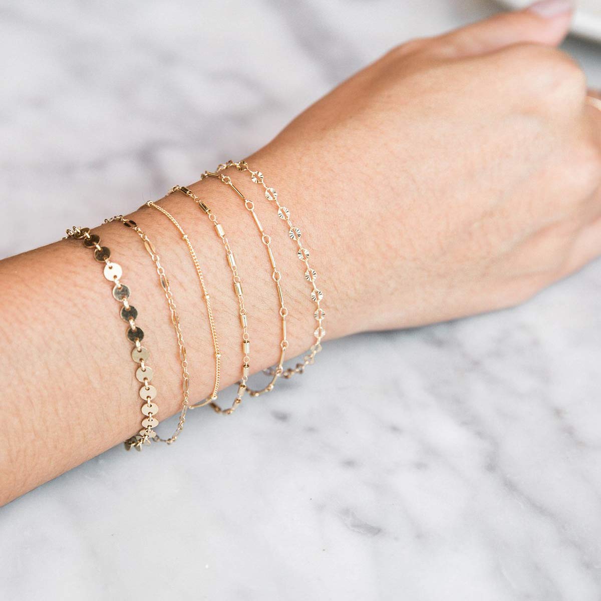 14K Gold Plated & Sterling Silver Dainty Women's Bracelet - Minimalist Beaded Chain Layered Coin Charm Satellite Link Jewelry for Everyday Wear & Gift Giving