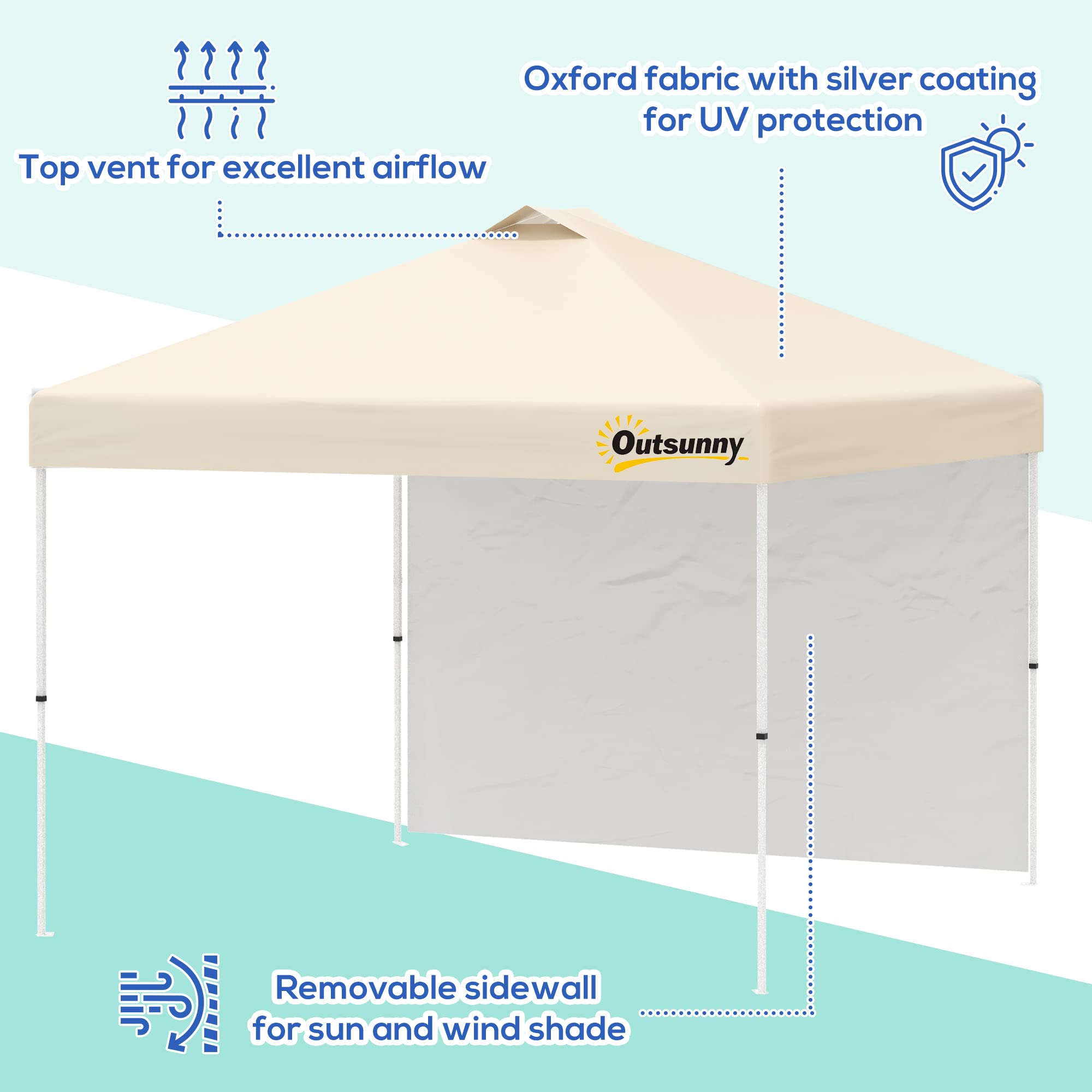 Outsunny 10x10 Feet Pop Up Canopy Tent with Removable Sidewall - Commercial Instant Sun Shelter for Outdoor Events, Parties, Camping & Beach - Includes Wheeled Carry Bag (Beige) | Perfect for Backyard BBQs, Farmers Markets & Tailgating