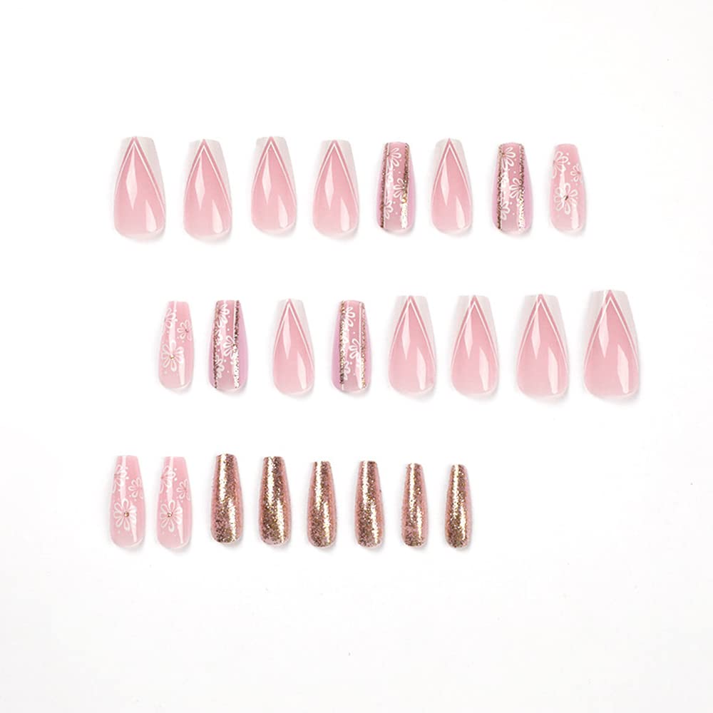 Floral French Tip Press on Nails - Long Square Glue on Fake Nails with Glitter Sequins Designs, 24PCS Full Cover Artificial Nails for Women & Girls, DIY Nail Art - Perfect for Parties, Weddings & Daily Wear