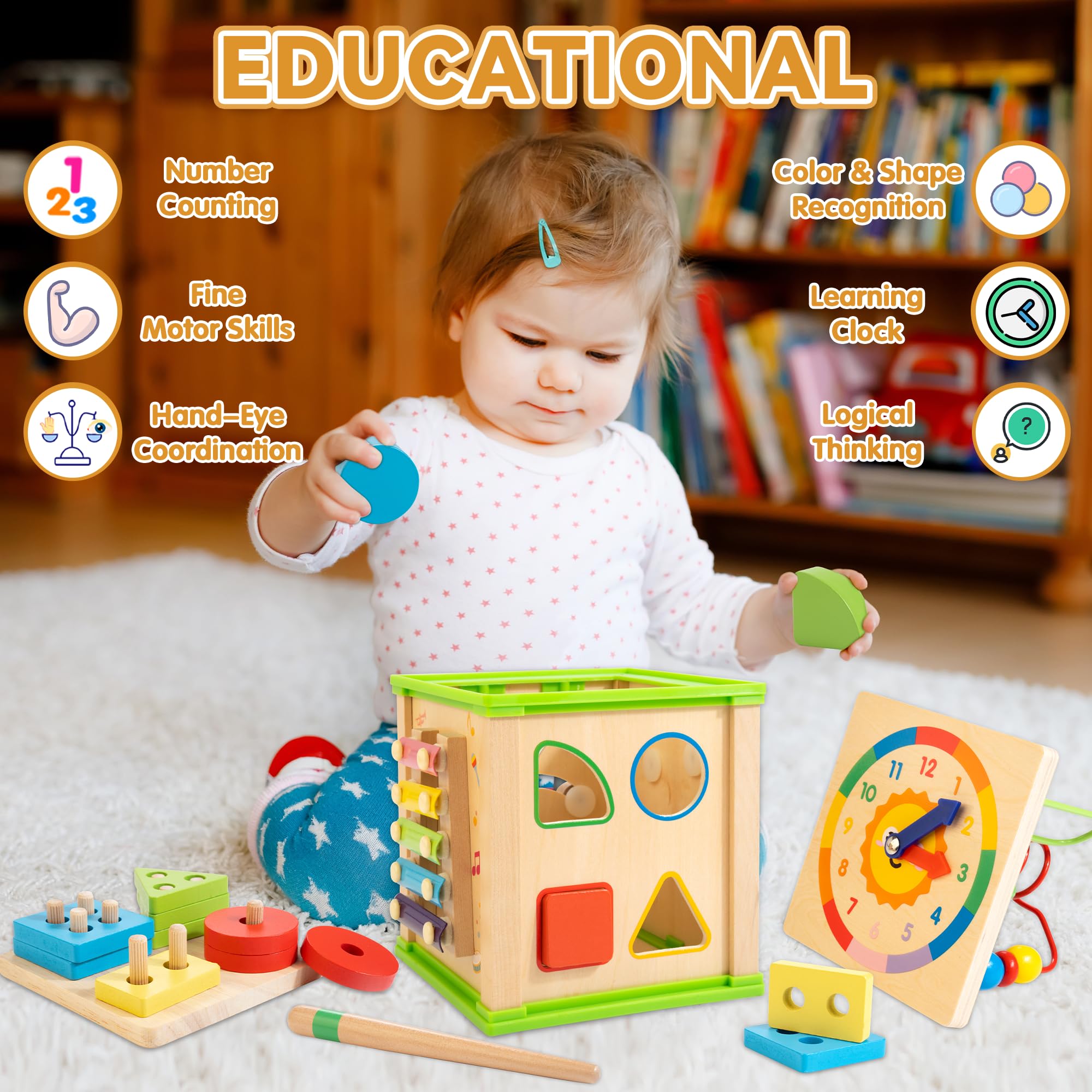 7-in-1 Wooden Activity Cube Montessori Toy for 1 Year Old Boys & Girls - Educational Learning Toy with Bonus Sorting & Stacking Board - Perfect First Birthday Gift for Toddlers - Great for Early Childhood Development & Playroom Activities