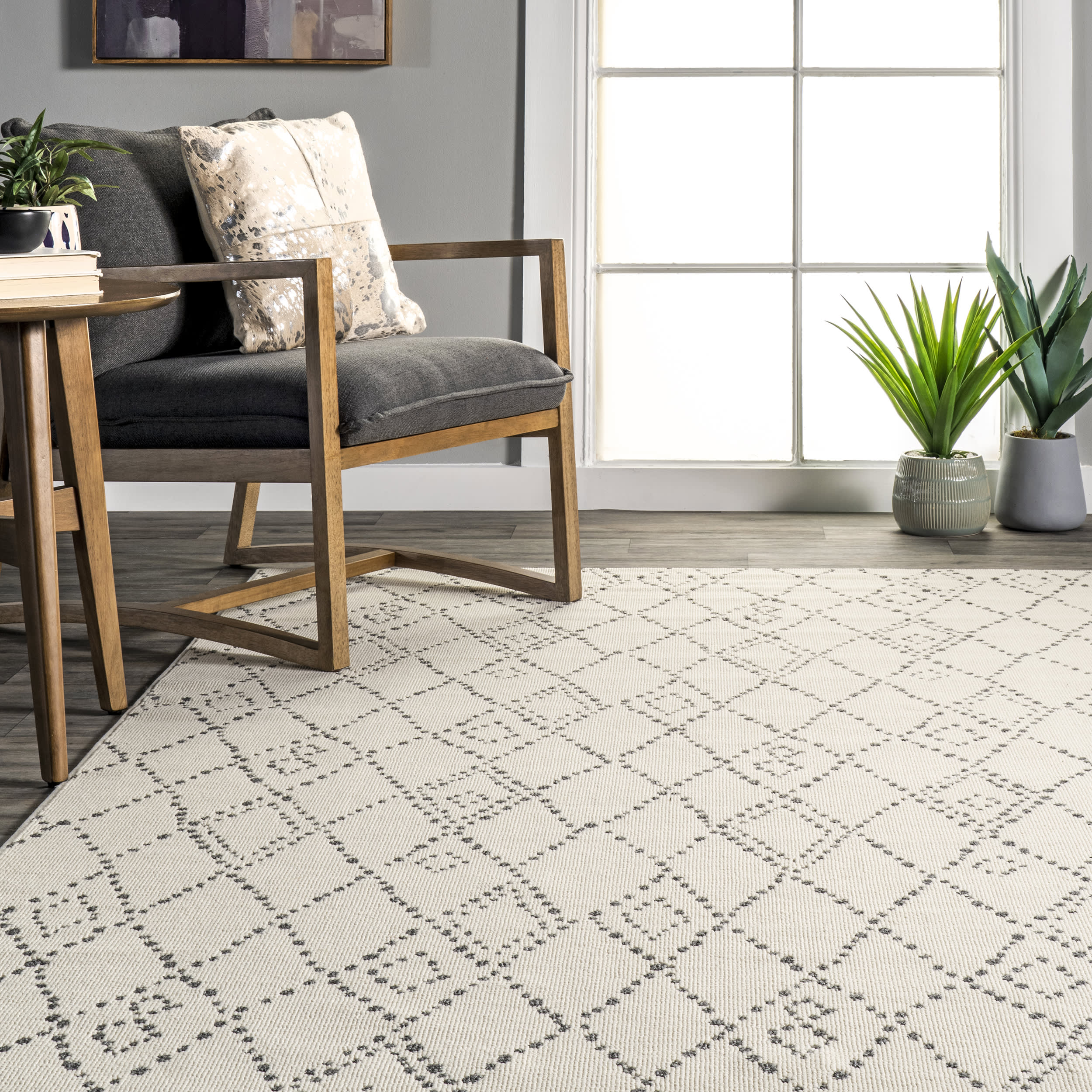 Evie Dotted Moroccan Trellis Area Rug - Beige Bohemian Style Floor Carpet for Living Room, Bedroom & Home Decor
