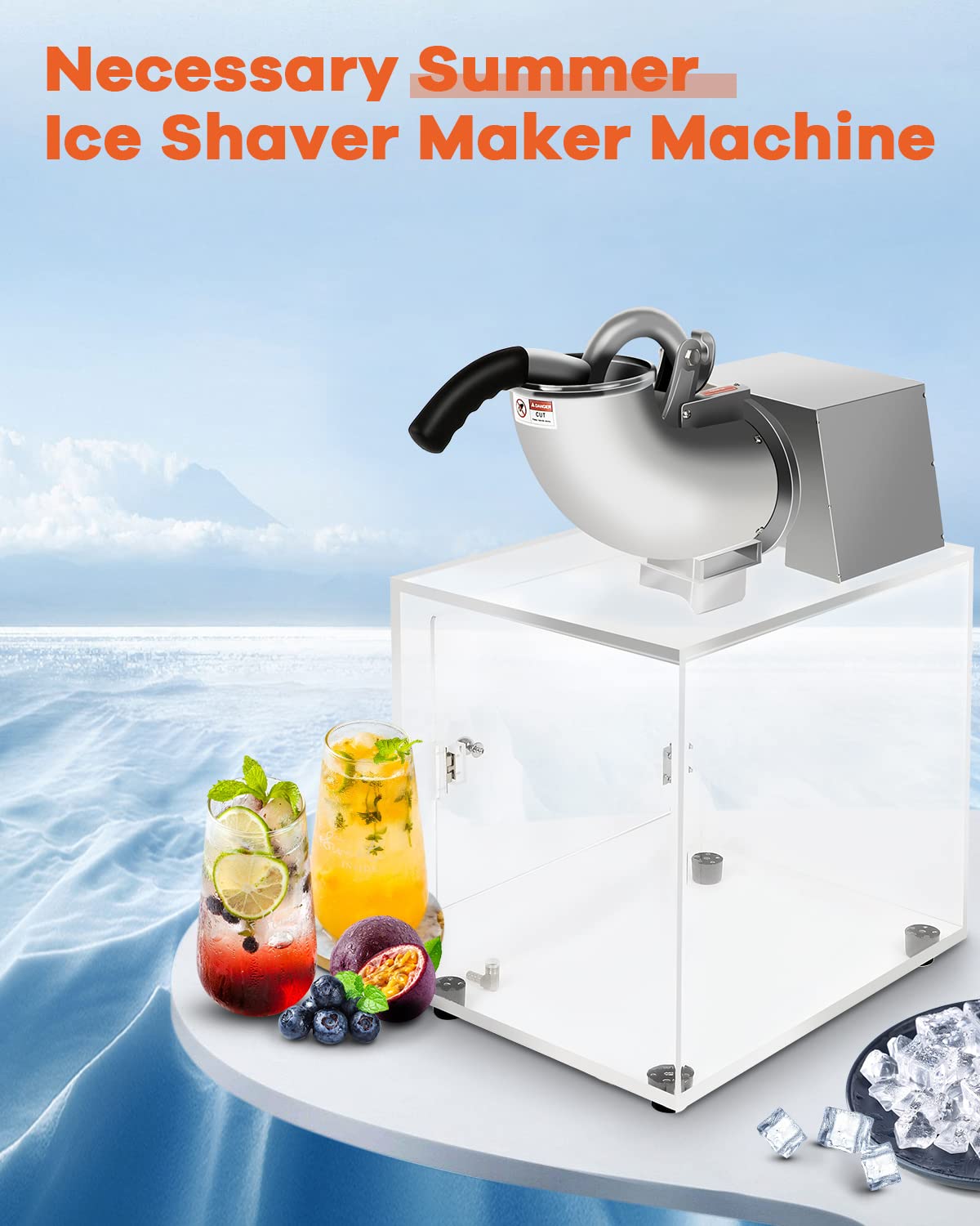 Commercial Snow Cone Machine 440lbs/hr - Stainless Steel Electric Ice Shaver with Acrylic Storage Box - 110V for Parties, Carnivals, Bars & Home Use - Perfect for Summer Events, Backyard BBQs & Small Businesses