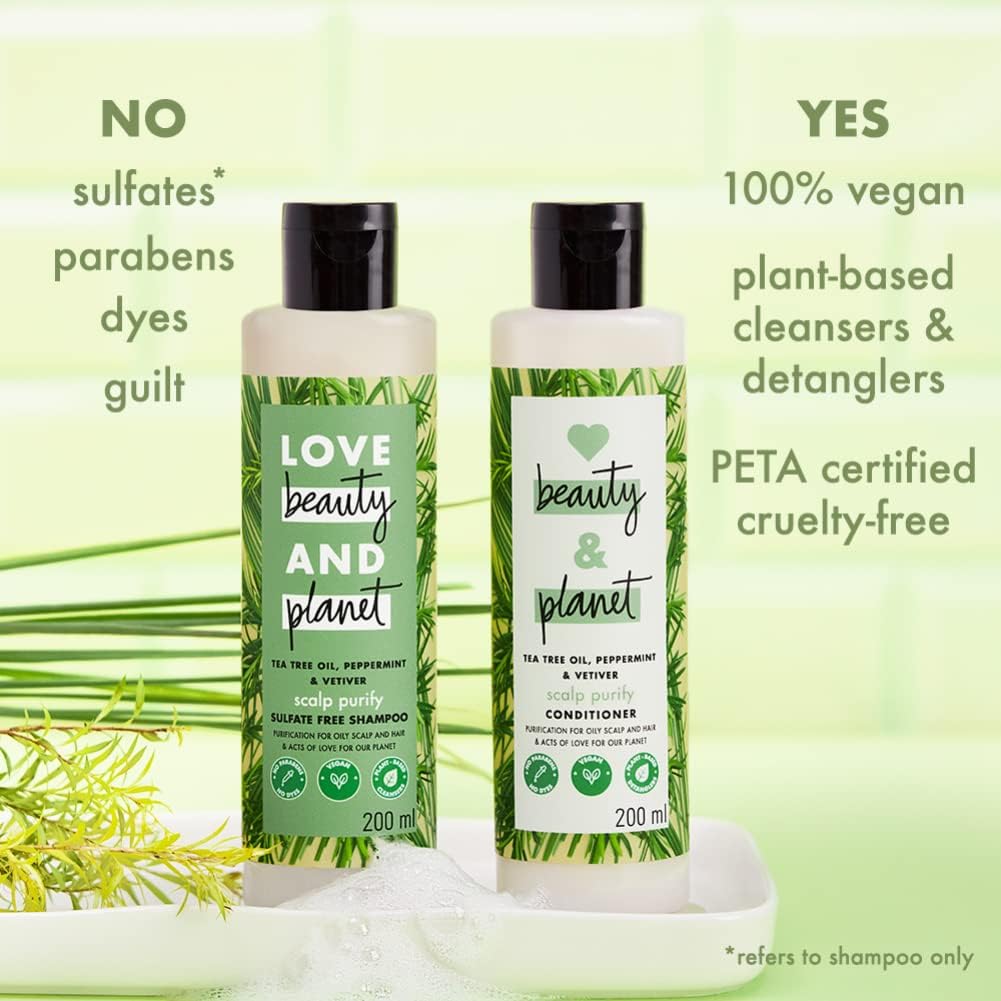 Loves Beauty & Planet Tea Tree, Peppermint & Vetiver Purifying Shampoo & Conditioner Set - 200ml Each, Paraben-Free, Dye-Free, Vegan & Cruelty-Free Hair Care for Oily Scalp & Dandruff Control - Perfect for Daily Use & Deep Cleansing