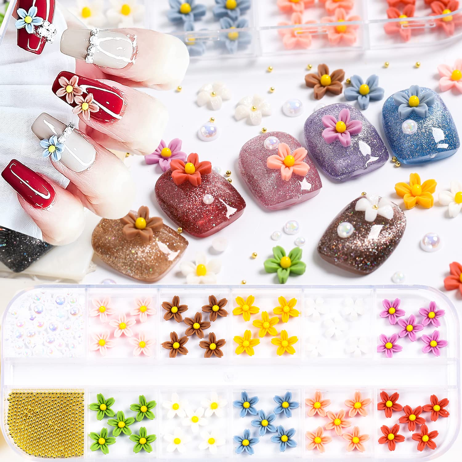 3D Flower Nail Charms Kit - 12 Colorful Nail Rhinestones with Metallic Caviar Beads for Acrylic Nails | DIY Manicure & Nail Art Accessories for Women & Girls | Perfect for Parties, Weddings, and Special Occasions