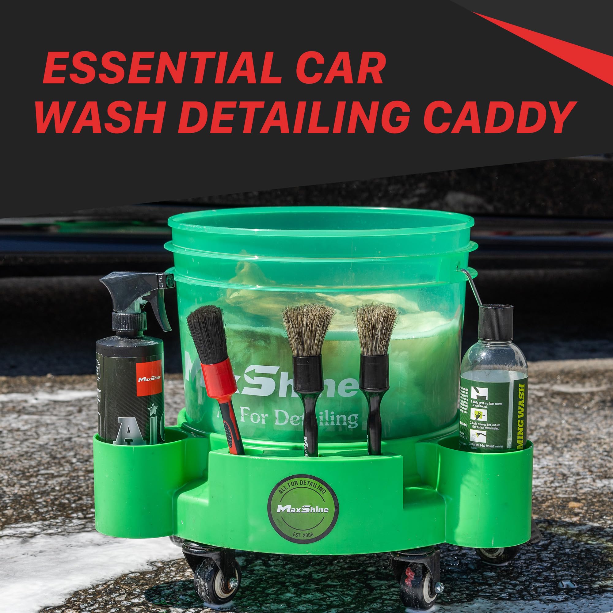 Maxshine 5 Gallon Rolling Bucket Dolly - Heavy-Duty Detailing Cart with 5 Wheels & 2 Locking Casters, Professional Car Wash Organizer for Cleaning Compounds & Brushes - Ideal for Auto Detailing, Mobile Car Wash & Garage Organization (Black)