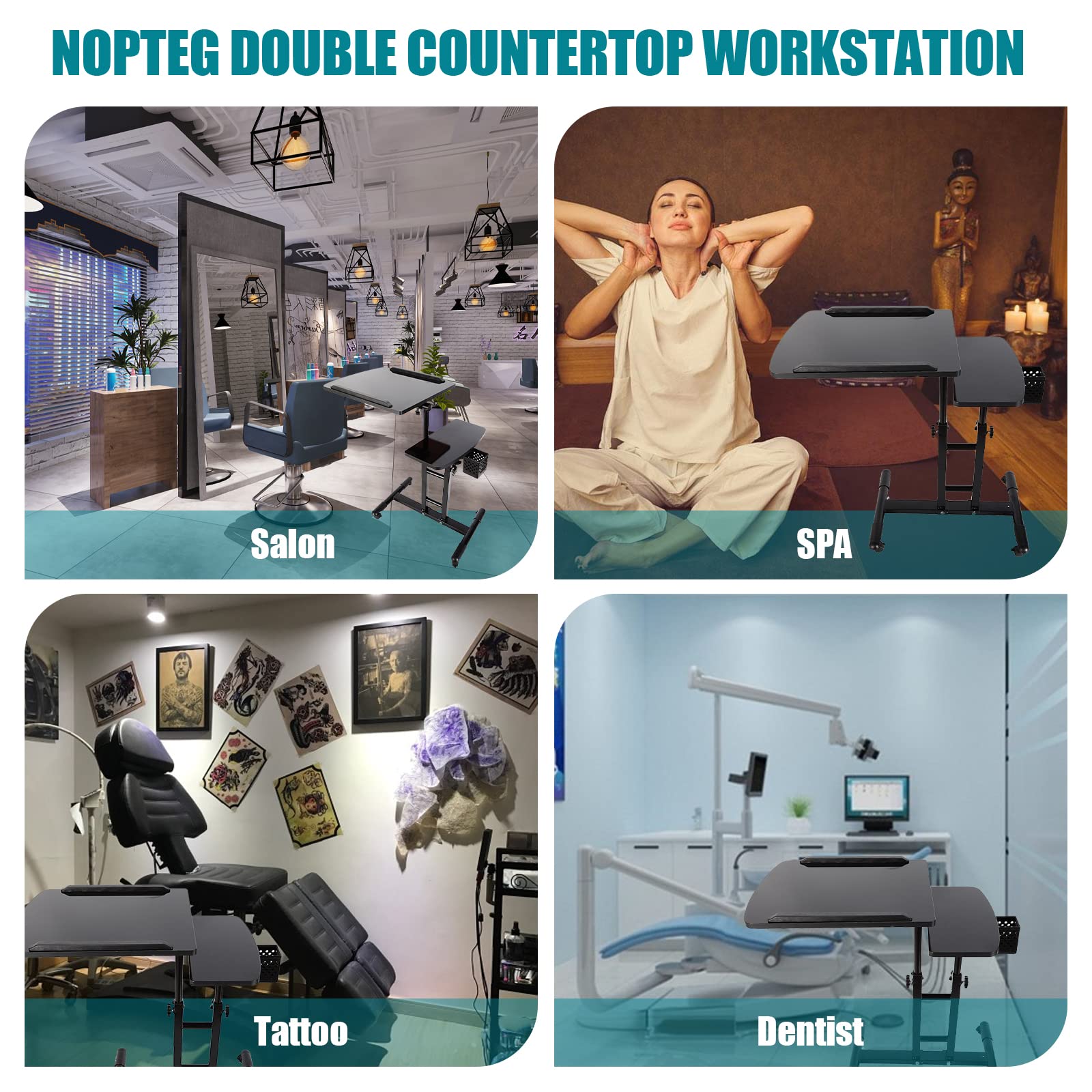 Professional Double Countertop Tattoo Workstation & Hair Salon Rolling Tray - Adjustable Height Mobile Work Station Stand for Tattoo Artists & Hair Stylists - Perfect for Tattoo Parlors, Beauty Salons & Home Studios