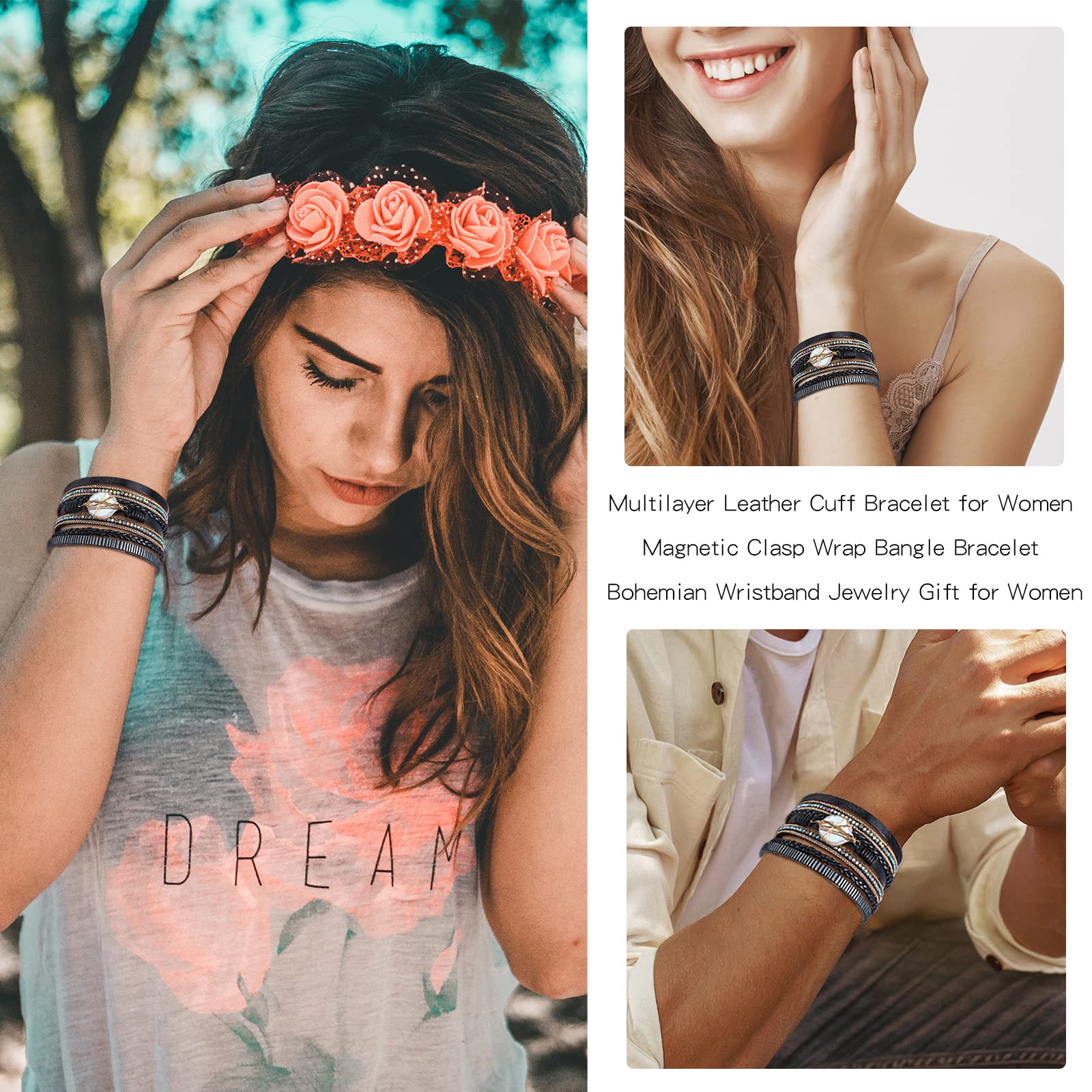 Trendy Blue Leather Wrap Bracelet for Women - Stackable Western Cuff Bracelet, Multi-Layer Boho Jewelry for Everyday Wear & Fashion Accessories
