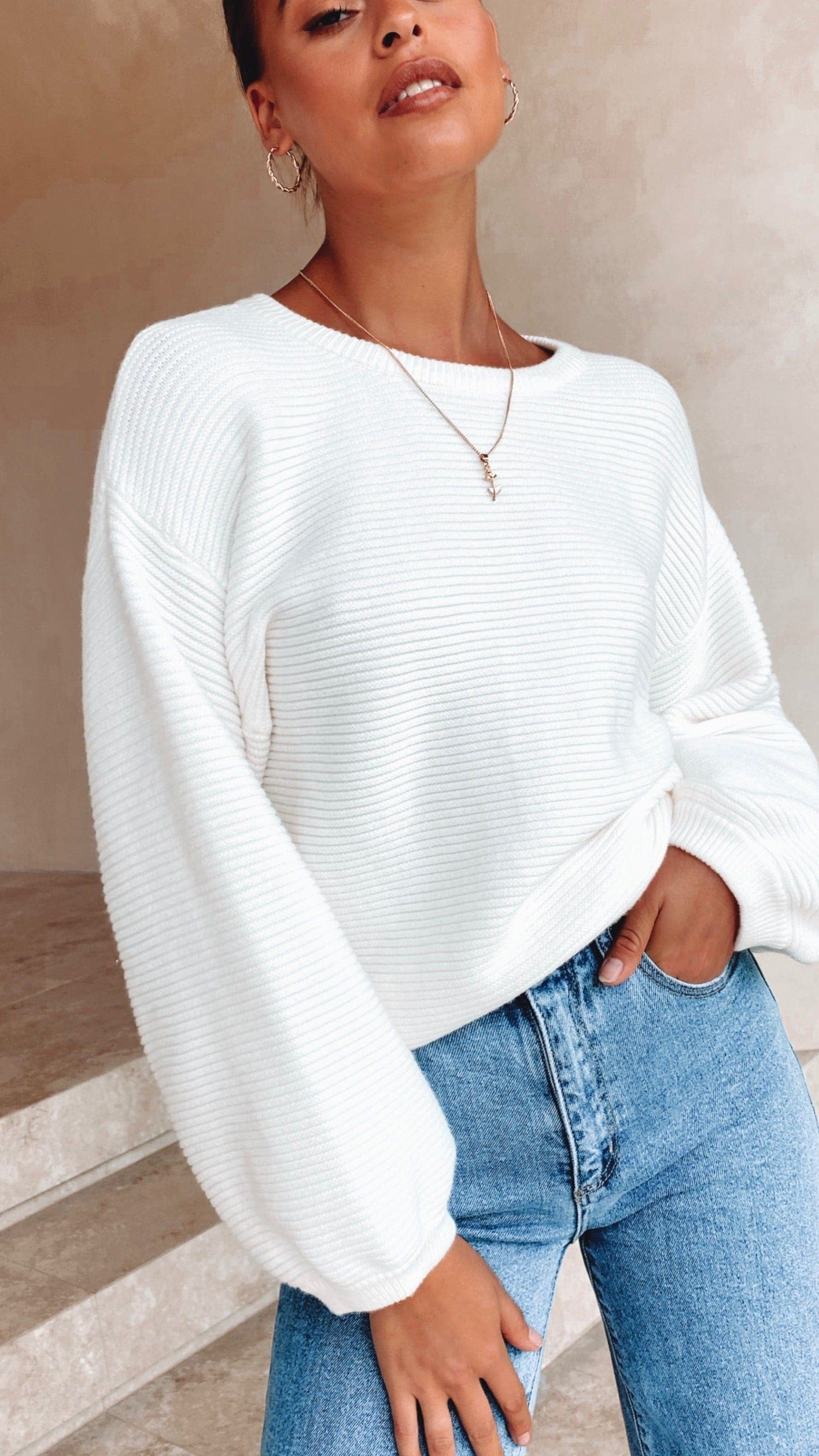 Carmel Knit Sweater - Soft White Women's Pullover for Casual Wear & Fall Fashion