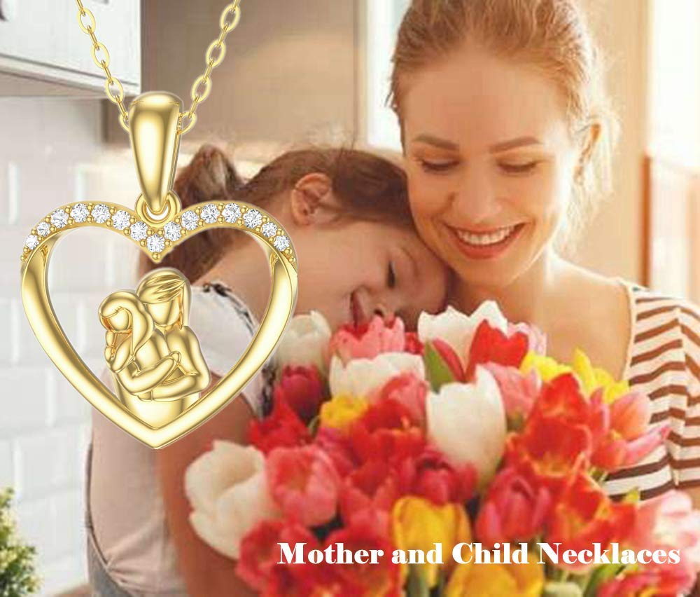 14K Gold Mother and Daughter Necklaces for Women - Heart Pendant Necklace Set for Mom & Child - Adjustable 16