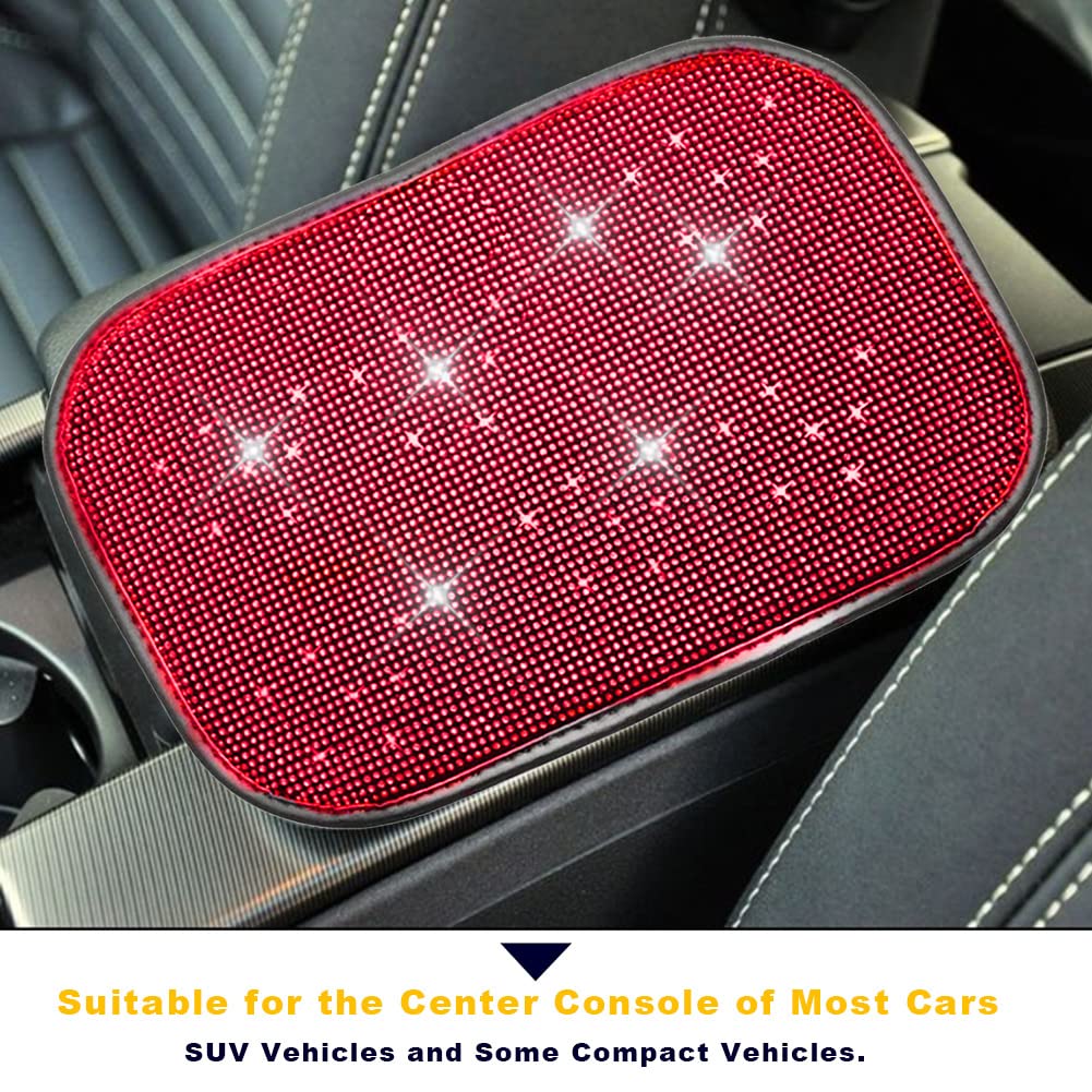 Sparkling Rhinestone Car Center Console Cover for Women - 12.6x8.7 Inch Diamond Armrest Cushion Pad - Luxury Bling Car Interior Accessory (Red Crystal) | Perfect for Sedans, SUVs & Gift Giving