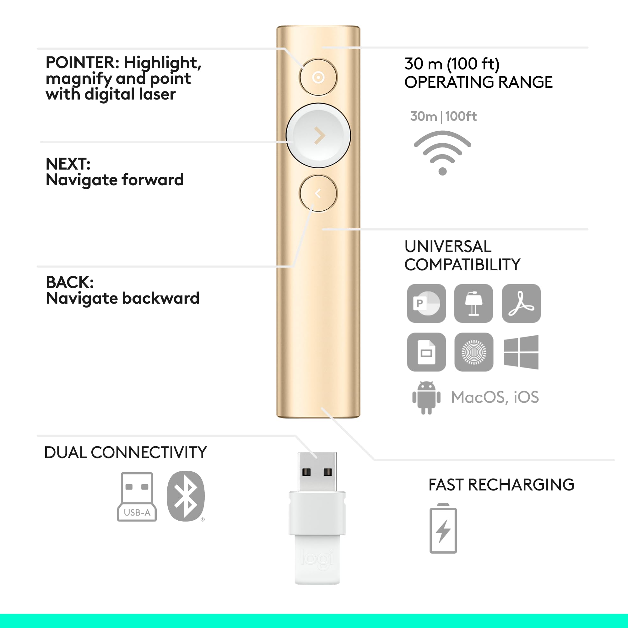 Logitech Spotlight Wireless Presentation Remote with Laser Pointer - Bluetooth Clicker for PowerPoint, Keynote, Google Slides - Advanced Digital Highlighting, 30m Range, Fast Charging - Perfect for Business Meetings, Classroom Teaching & Online Presentations (Gold)