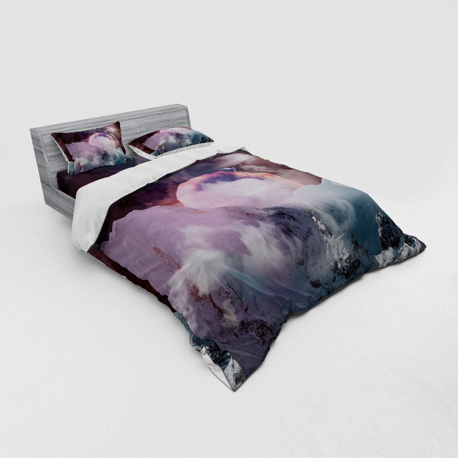 Ambesonne Galaxy Print Queen Size 4-Piece Bedding Set - Outer Space Planets Duvet Cover with Shams & Fitted Sheet in Pale Pink & Blue | Perfect for Astronomy Lovers & Sci-Fi Themed Bedrooms