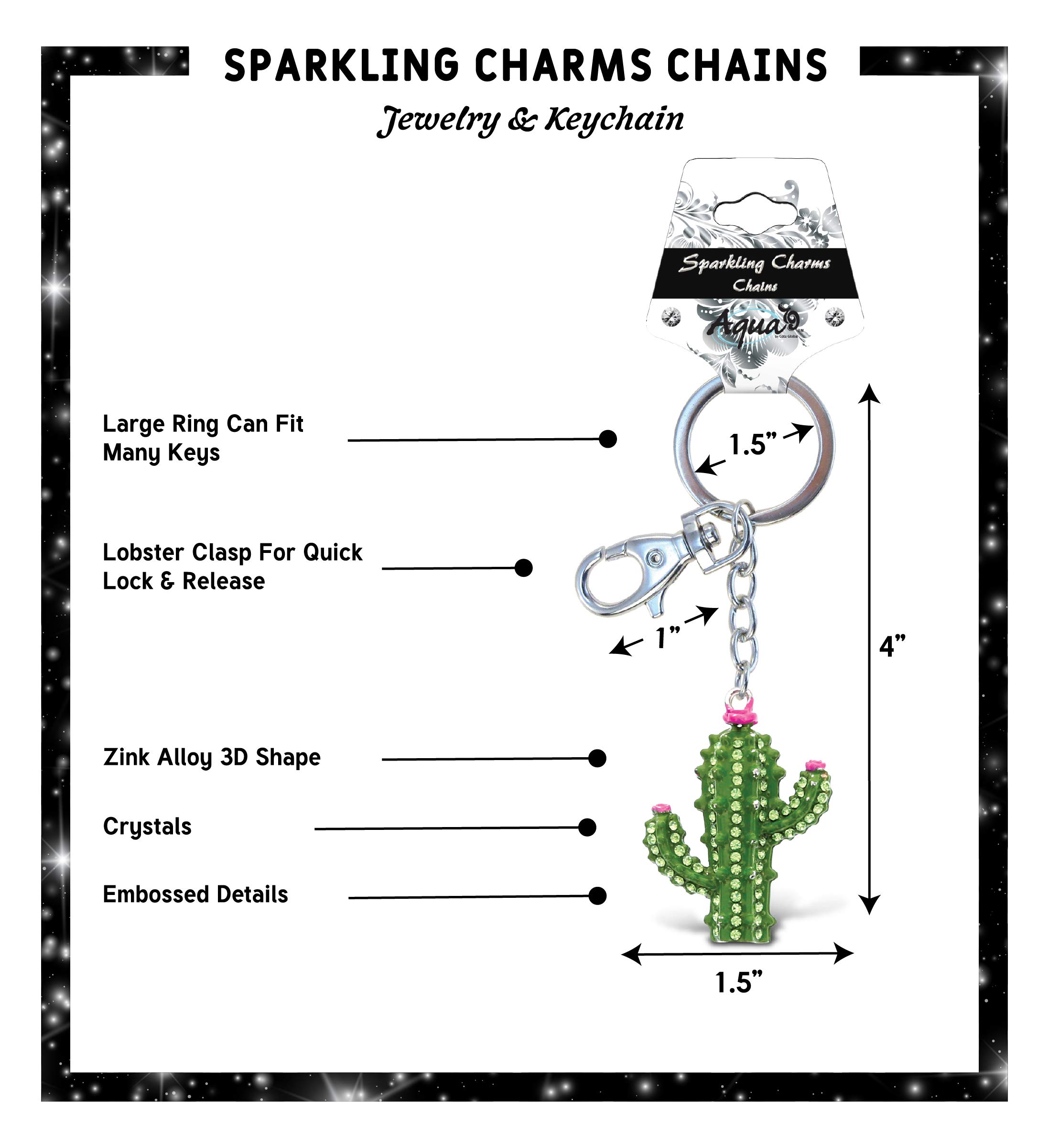 Aqua79 Silver 3D Cactus Keychain - Sparkling Rhinestone Charm, Fashionable Metal Alloy Key Ring with Clasp | Durable Crystal Jewelry Accessory for Women, Girls, Party, Gift Giving, Handbag Decoration