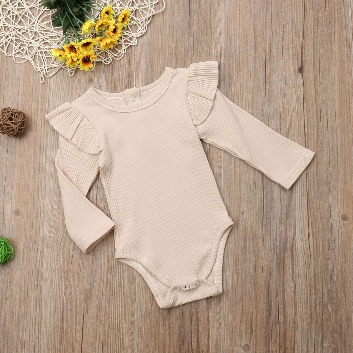 Newborn Baby Girl & Boy Cotton Romper - Long Sleeve Ruffle Jumpsuit One-Piece Bodysuit | Soft & Comfortable Fall Winter Outfit (Beige, 6-12 Months) | Perfect for Family Photos, Daily Wear & Special Occasions