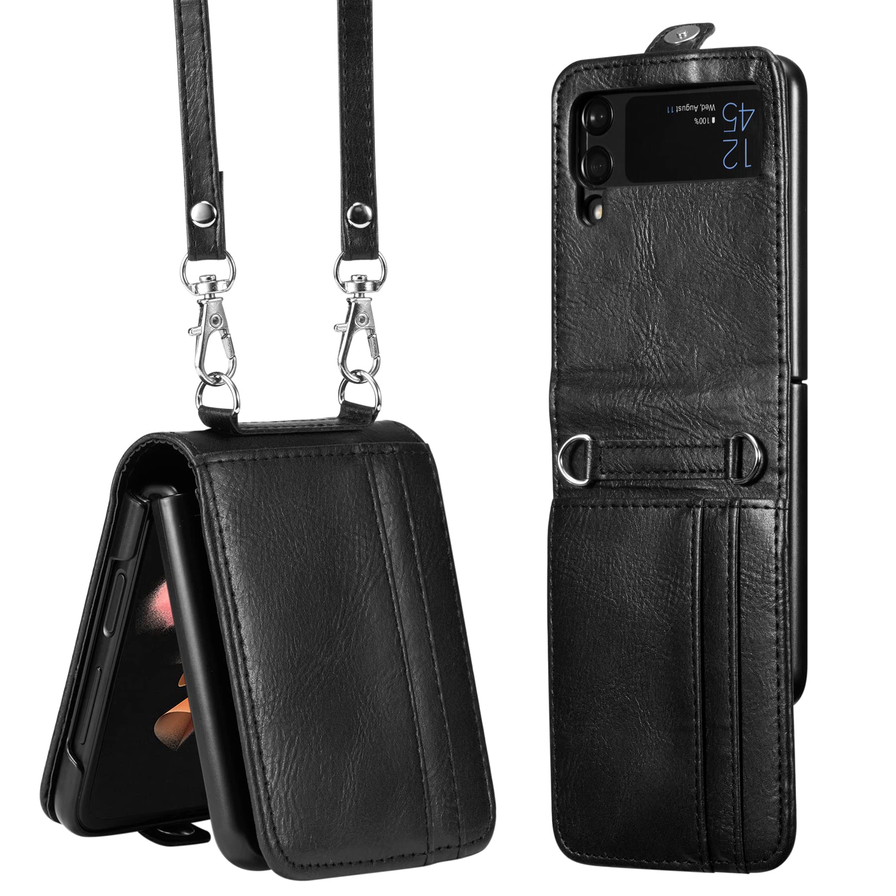 Premium Leather Wallet Case for Samsung Galaxy Z Flip 3/5G - RFID Blocking Card Holder & Detachable Lanyard (Black) | Slim Protective Cover for Everyday Use, Travel & Business Meetings