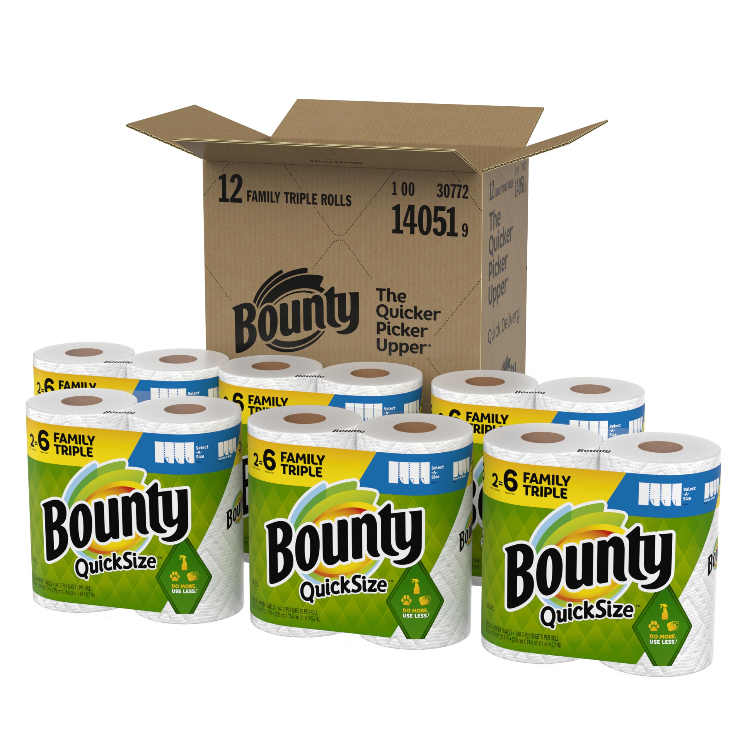 Bounty Quick-Size Paper Towels, White, 12 Family Triple Rolls (36 Regular Rolls) - Super Absorbent & Durable for Kitchen Cleaning, Spills, and Household Use