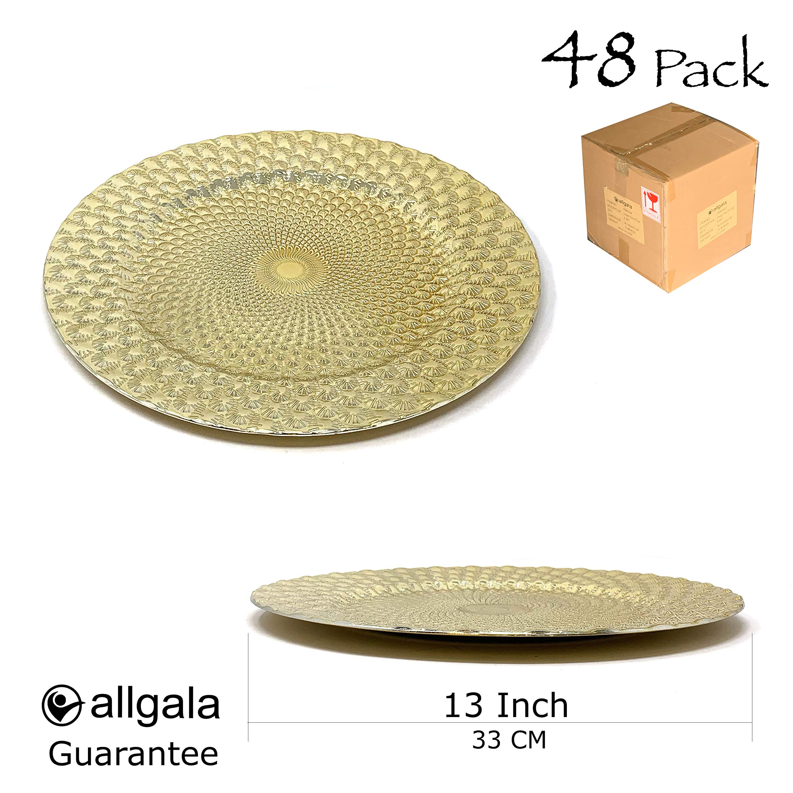 Premium Allgala 13-Inch Round Charger Plates Set of 48 - Heavy Duty Gold Dinner Plates for Wedding Decor, Thanksgiving & Holiday Parties - Elegant Peacock Gold Charger Plates for Formal Dining & Table Setting