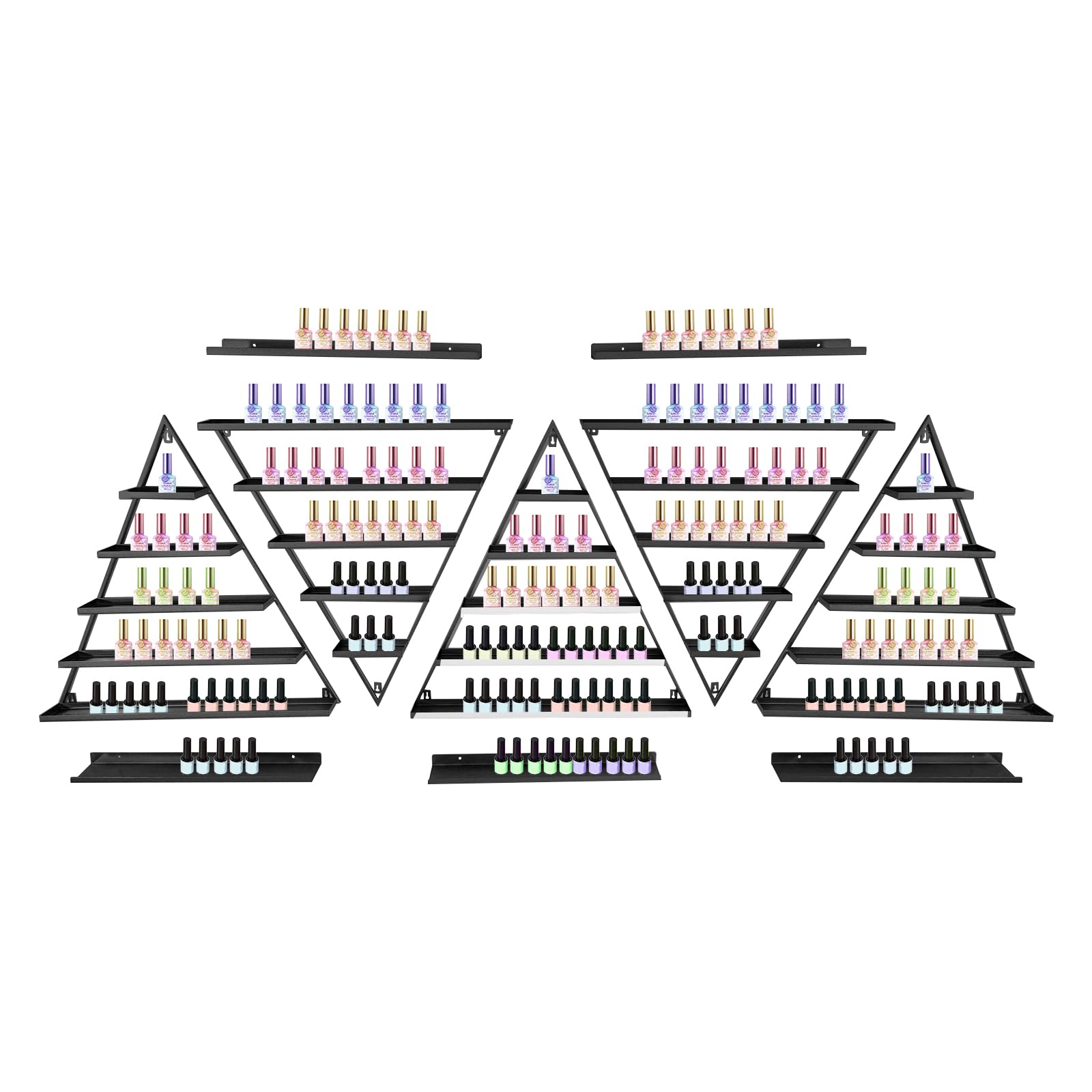 5-Tier Metal Wall-Mounted Nail Polish Organizer - Triangular Cosmetic Display Shelf for Lipstick & Perfume - Spa, Salon & Home Decor Storage Solution (Black) - Perfect for Nail Art Stations, Vanity Organization & Retail Displays