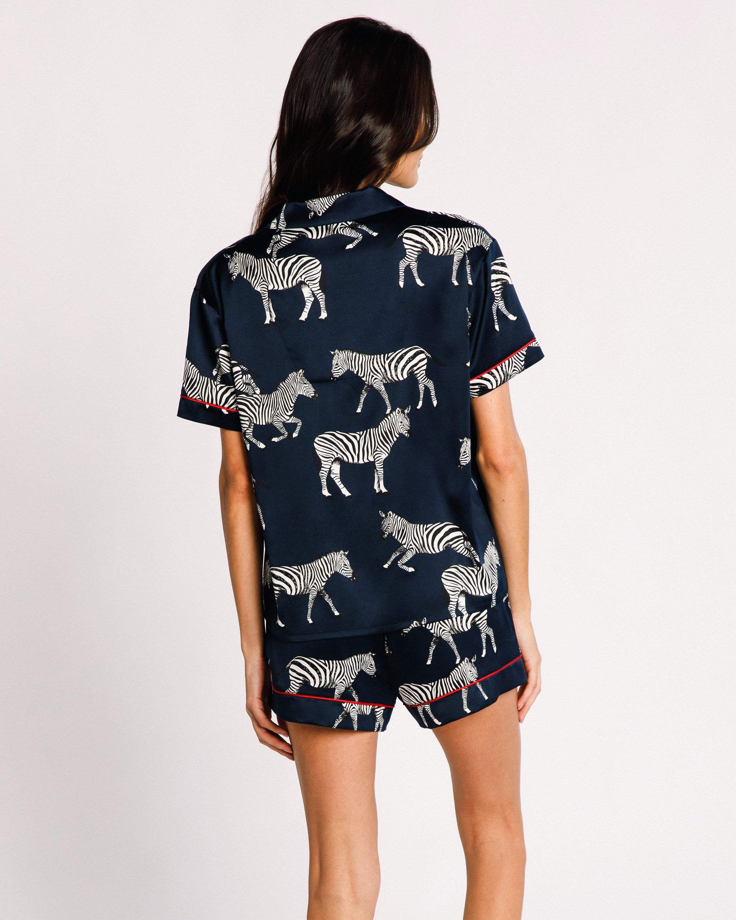 Satin Zebra Print Short Pajama Set for Women - Navy Blue Sleepwear for Summer & Lounge Wear - Comfortable Nightwear for Relaxing at Home