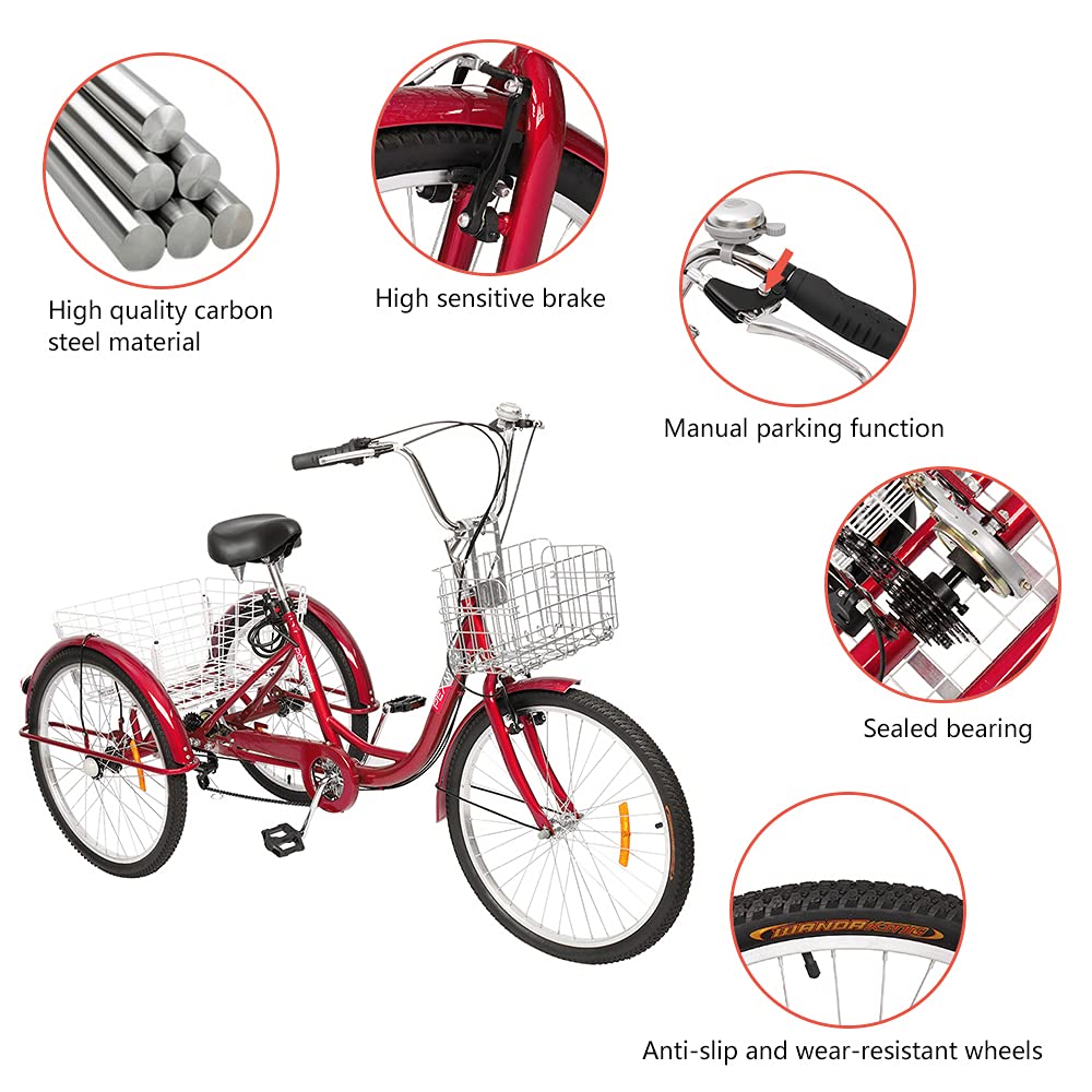 PEXMOR 24/26 Inch 7-Speed Adult Tricycle for Women, Men & Seniors - 3 Wheel Cruiser Bike with Folding Front & Rear Basket - Perfect for Shopping, Recreation, Picnics & Outdoor Activities