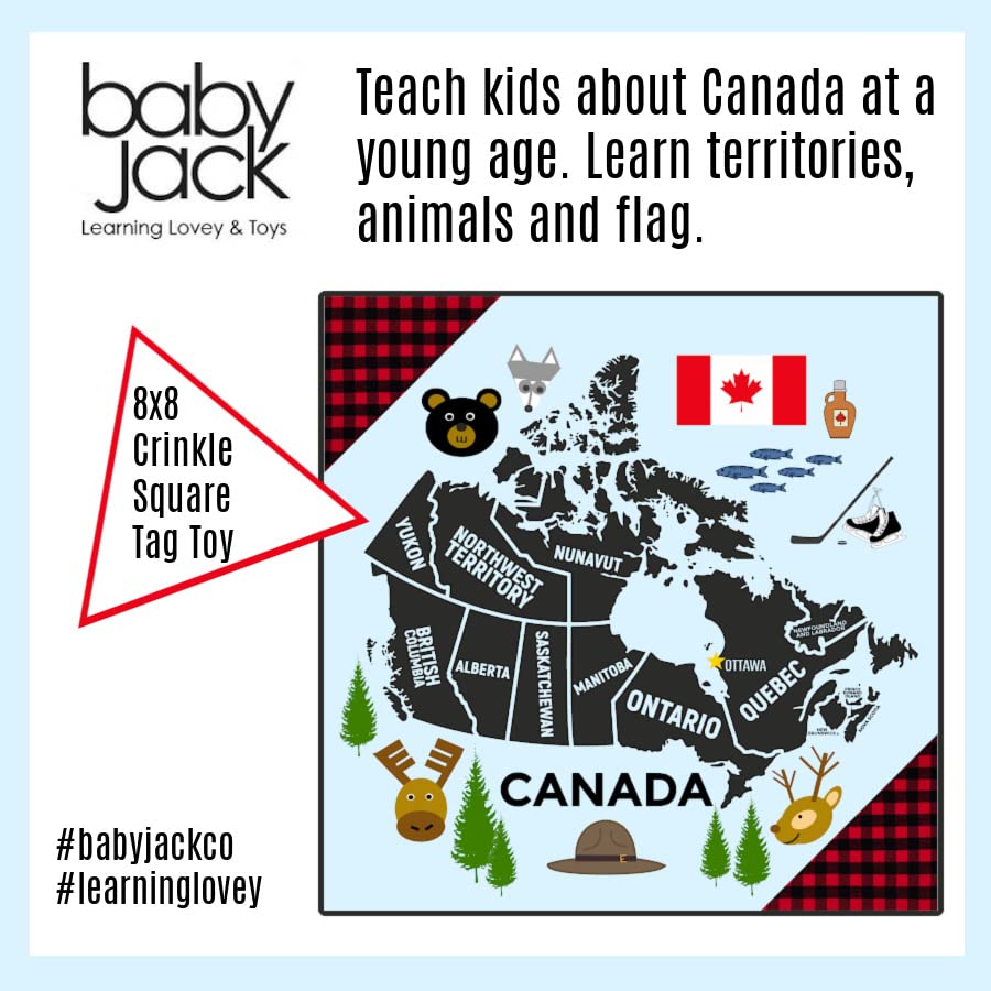 Baby Jack & Co 8x8 Inch Educational Lovey Blanket with Crinkle Sounds - Soft Sensory Toy for Infants & Toddlers - BPA Free Baby Gift with Stroller Clip - Learn Canada Facts Through Play - Perfect for Nursery, Stroller & Tummy Time