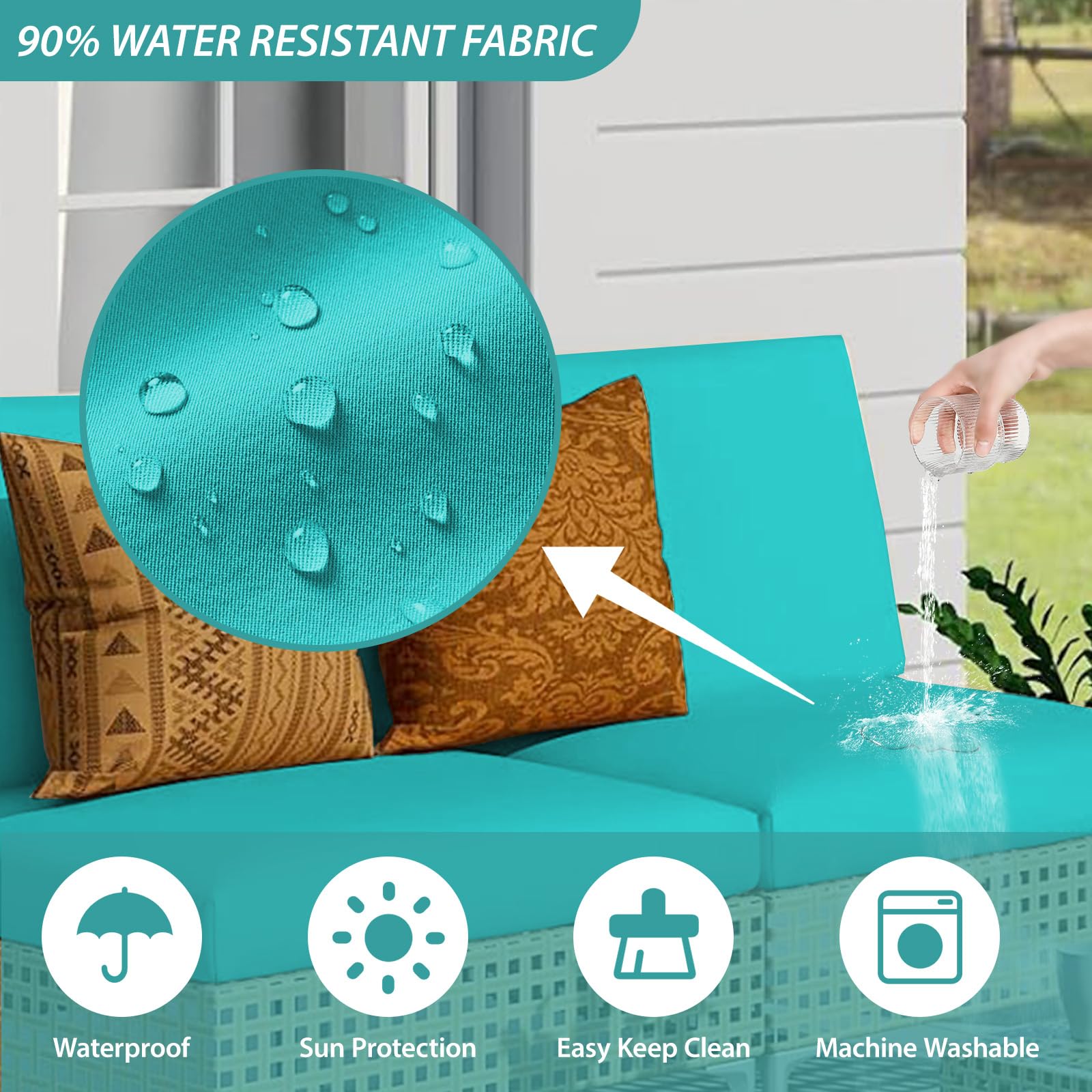 Waterproof Outdoor Cushion Covers for Patio Furniture - 12PC Washable Replacement Covers with Zipper & Ties for Wicker Rattan Sofa, Chair (Lake Blue) | Perfect for Backyard, Deck, Poolside & Garden Seating