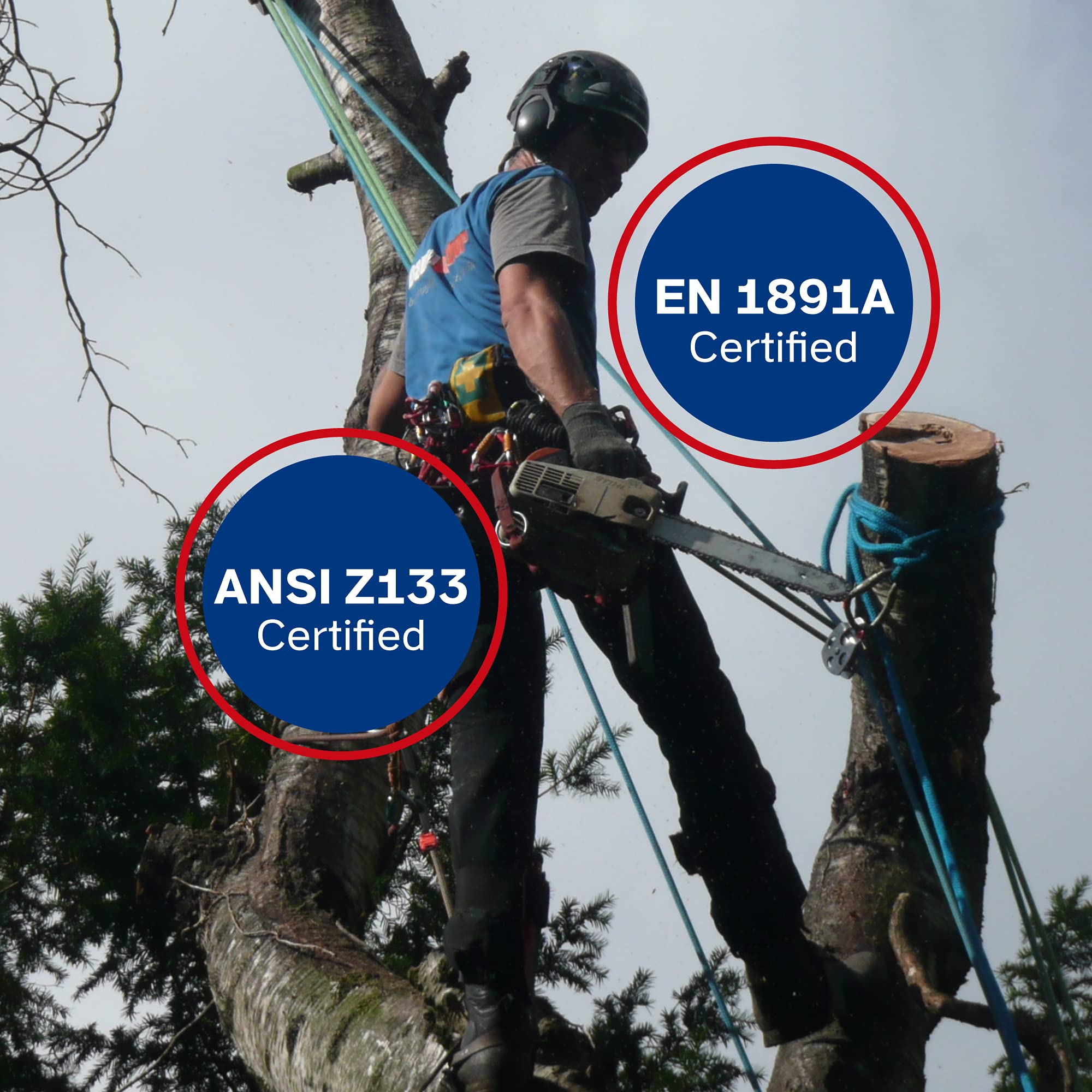 **Teufelberger drenaLINE 11.8mm x 200ft Climbing Rope – 32-Strand Polyester Arborist Rope (Blue, Orange, Yellow) – Ideal for Tree Climbing, Rigging & Professional Arborist Work**
