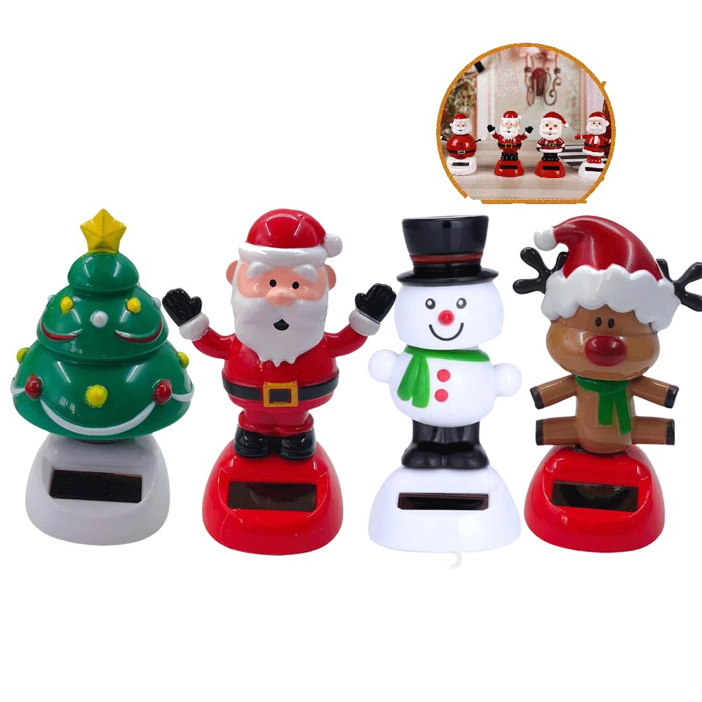4PCS Solar Powered Christmas Dancing Toys - Elk, Santa, Snowman Shaking Head Figurines - Solar Dashboard Decor for Car, Office Desk, Home - Fun Holiday Gift for Kids & Adults - Perfect for Christmas Party Decorations & Festive Home Decor