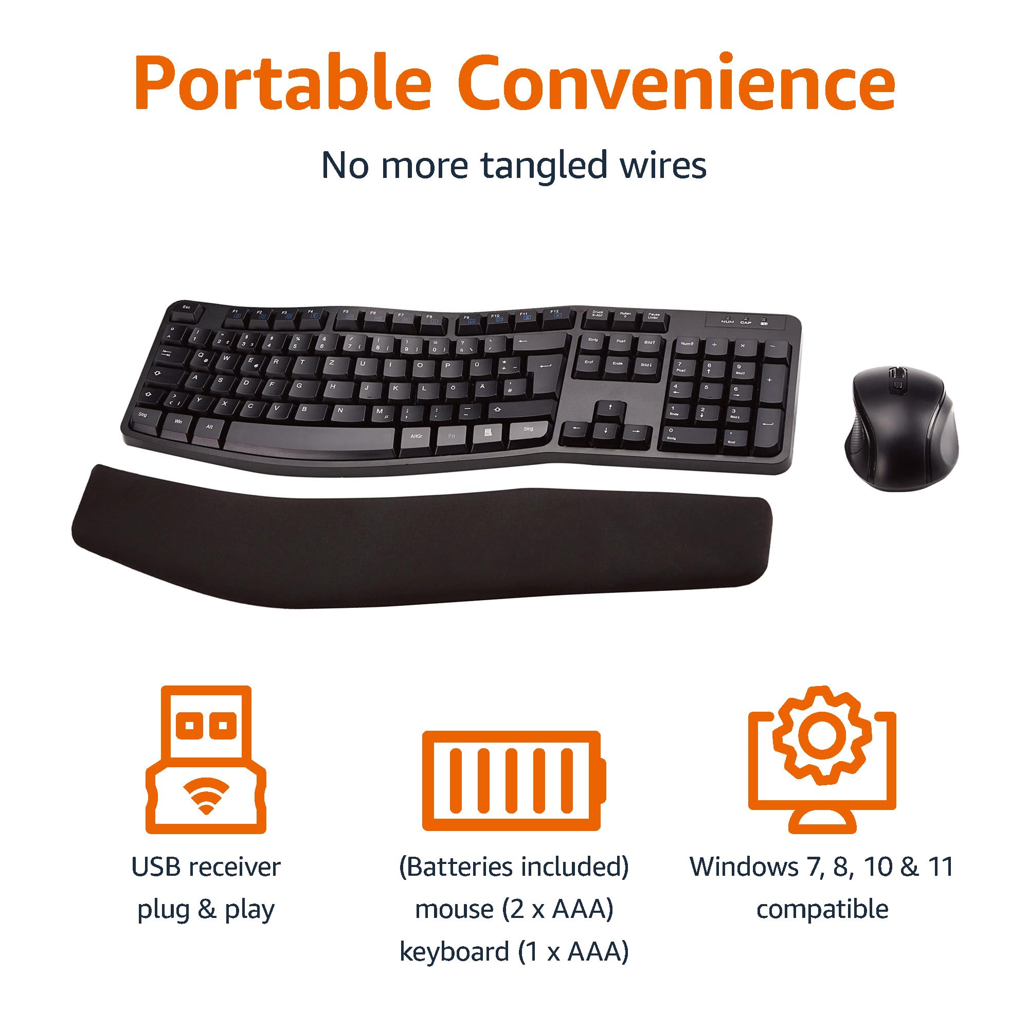 Amazon Basics Ergonomic Wireless Keyboard and Mouse Combo - 2.4GHz USB for PC & Laptop - Right-Handed Design (Black) | Perfect for Office Work, Gaming & Long Typing Sessions