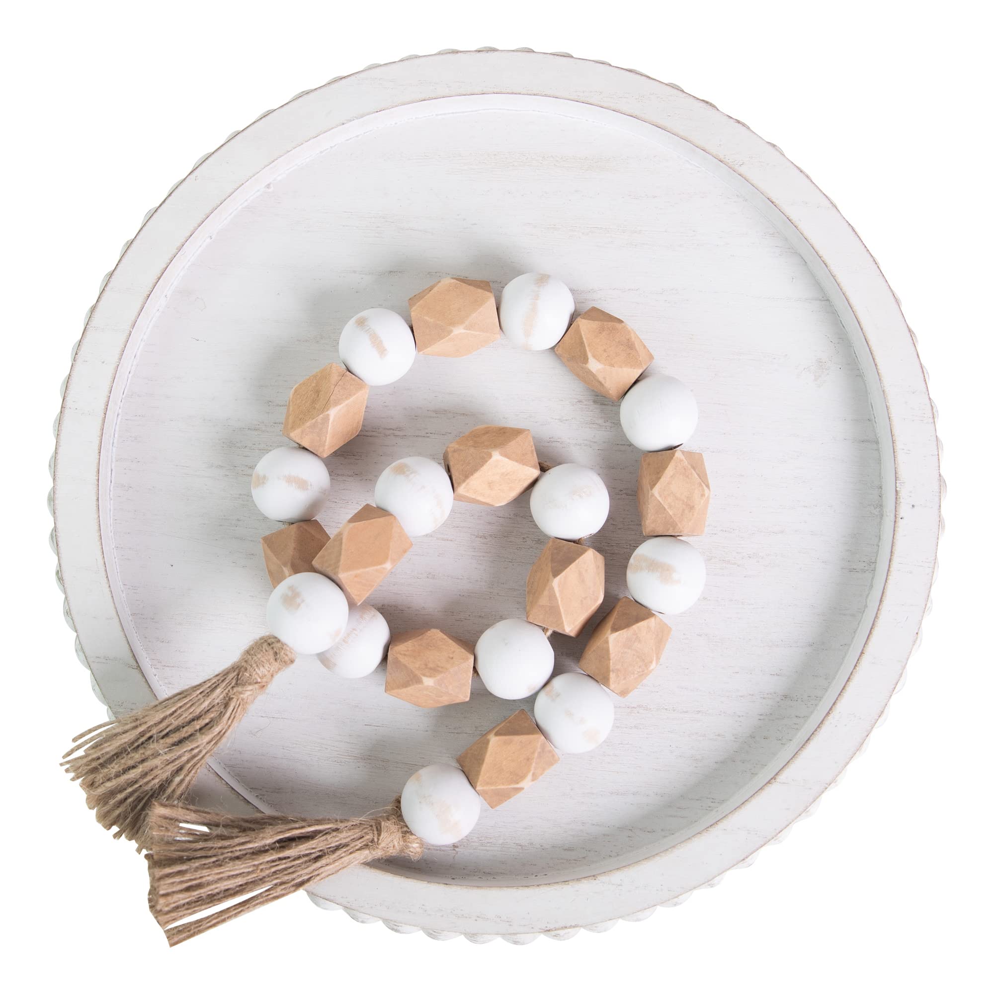 HPC Decor 12 Inch Round Wooden Tray - White Distressed Farmhouse Rustic Style - Decorative Serving Tray for Coffee Table, Kitchen, Living Room, Dining Room | Perfect for Farmhouse Decor, Entertaining Guests, and Home Organization