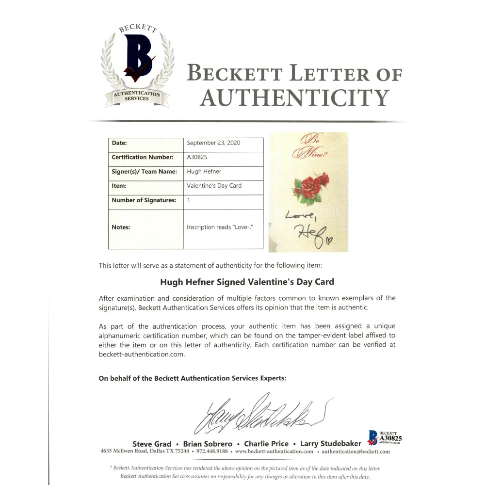 Hugh Hefner Signed Valentine's Day Card with BAS COA Certificate - Authentic Playboy Founder Autograph Collectible for Valentine's Gifts, Memorabilia & Celebrity Collectors