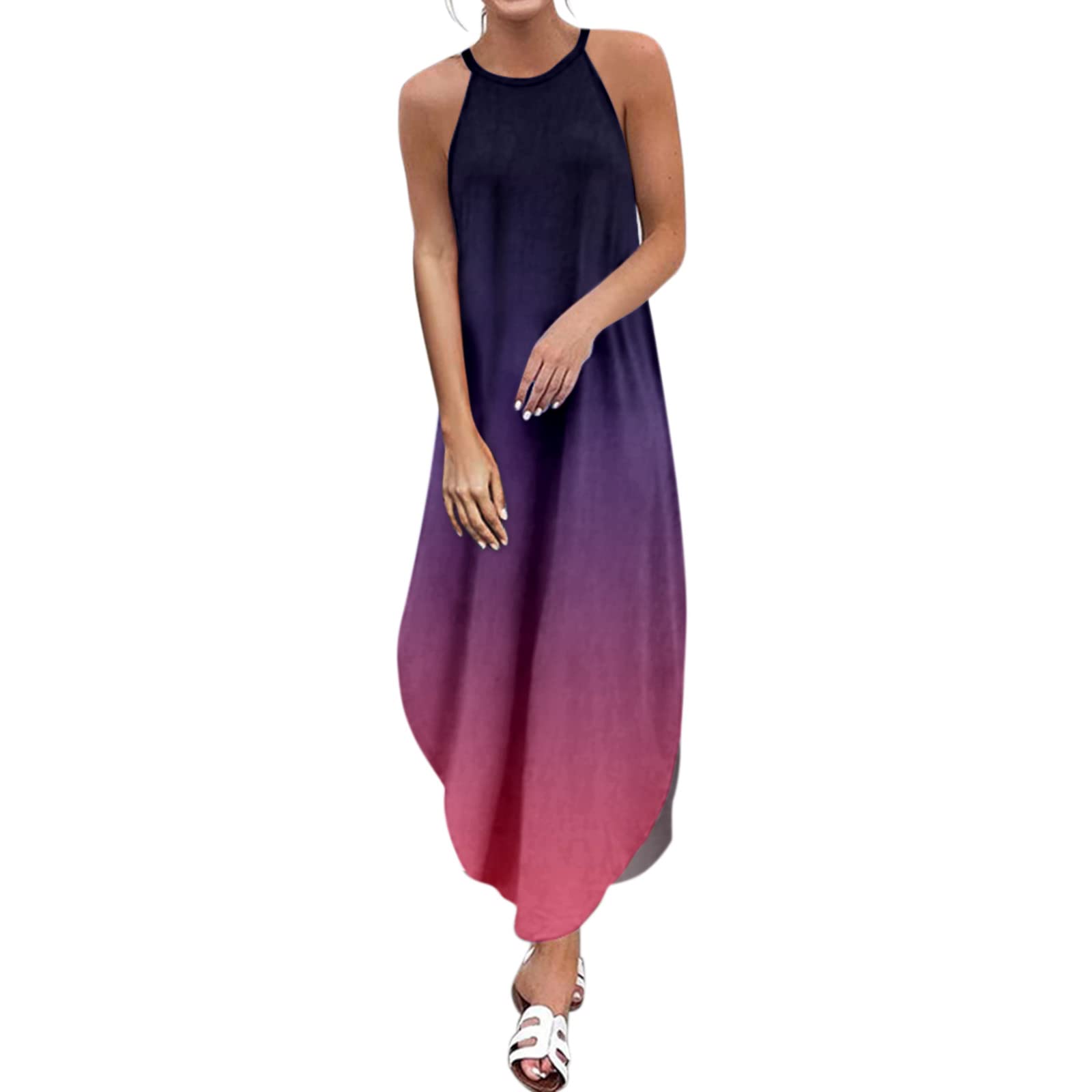 BIBOKAOKE Women's Casual Summer Maxi Dress with Gradient Print - Short Sleeve O-Neck Sling Dress for Beach, Vacation, and Everyday Wear