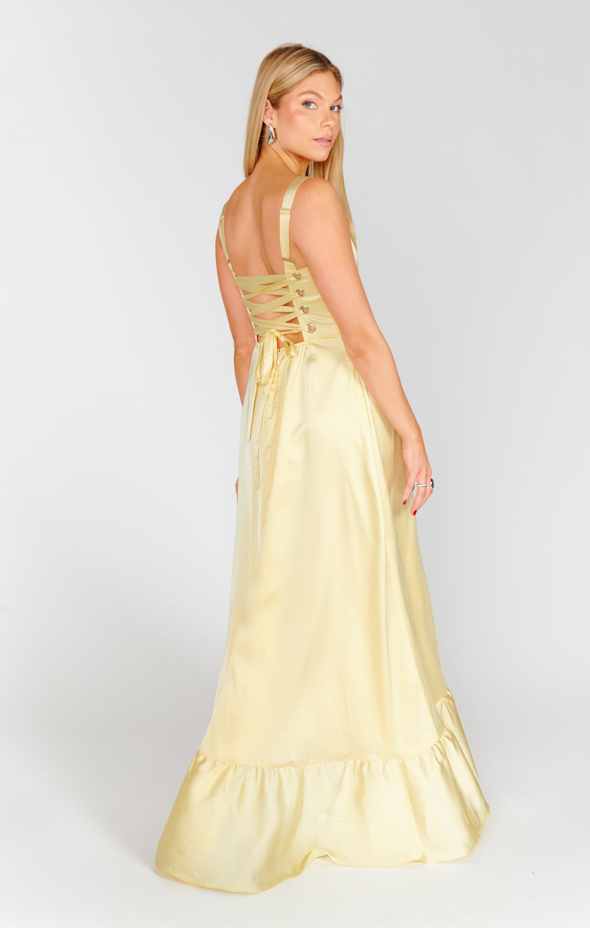 Clarissa Corset Dress - Pale Yellow Luxe Satin Formal Gown for Prom, Evening Party & Special Occasions