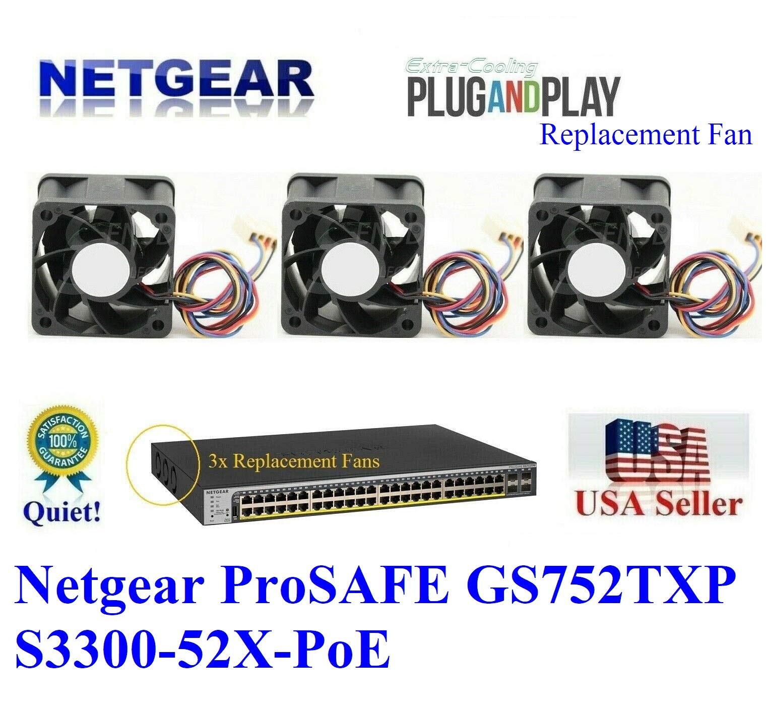 Cisco (3 Pack) Extra Cooling Quiet Replacement Fans for NETGEAR GS752TXP Smart Pro Switch - Upgrade Cooling System for Server Room, Data Center & Network Cabinet