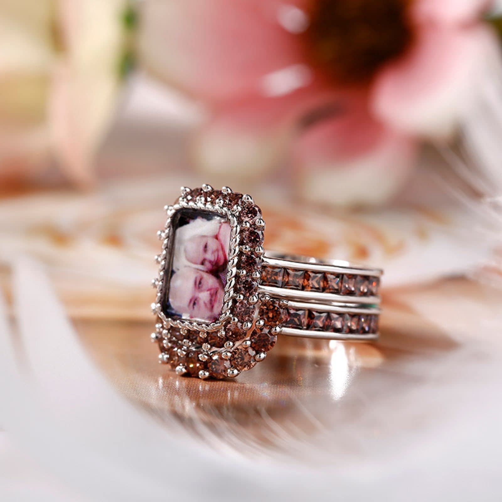 Jeulia Personalized Photo Ring Set - Custom Diamond Engraved Sterling Silver Band for Engagement, Anniversary & Wedding - Unique Couple Rings for Her & Him - Perfect Gift for Romantic Occasions