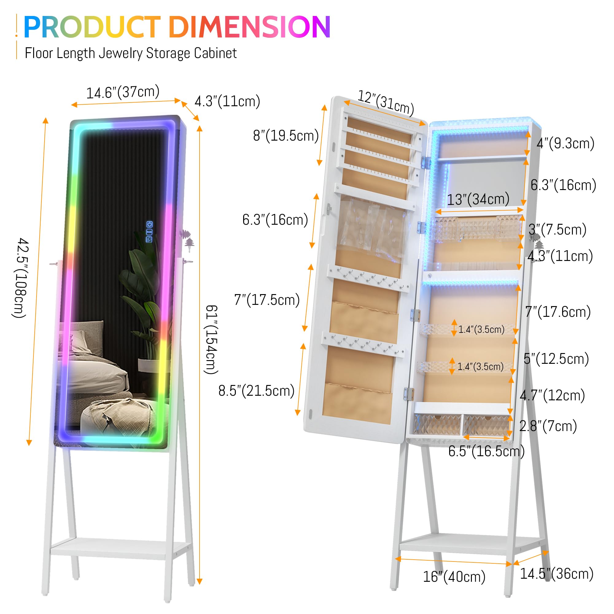 LVSOMT White Full-Length LED Jewelry Mirror Cabinet with 14 RGB Lights - Dimmable & Adjustable Speed Standing Jewelry Armoire Organizer - Perfect for Bedroom, Dressing Room and Vanity Makeup Area