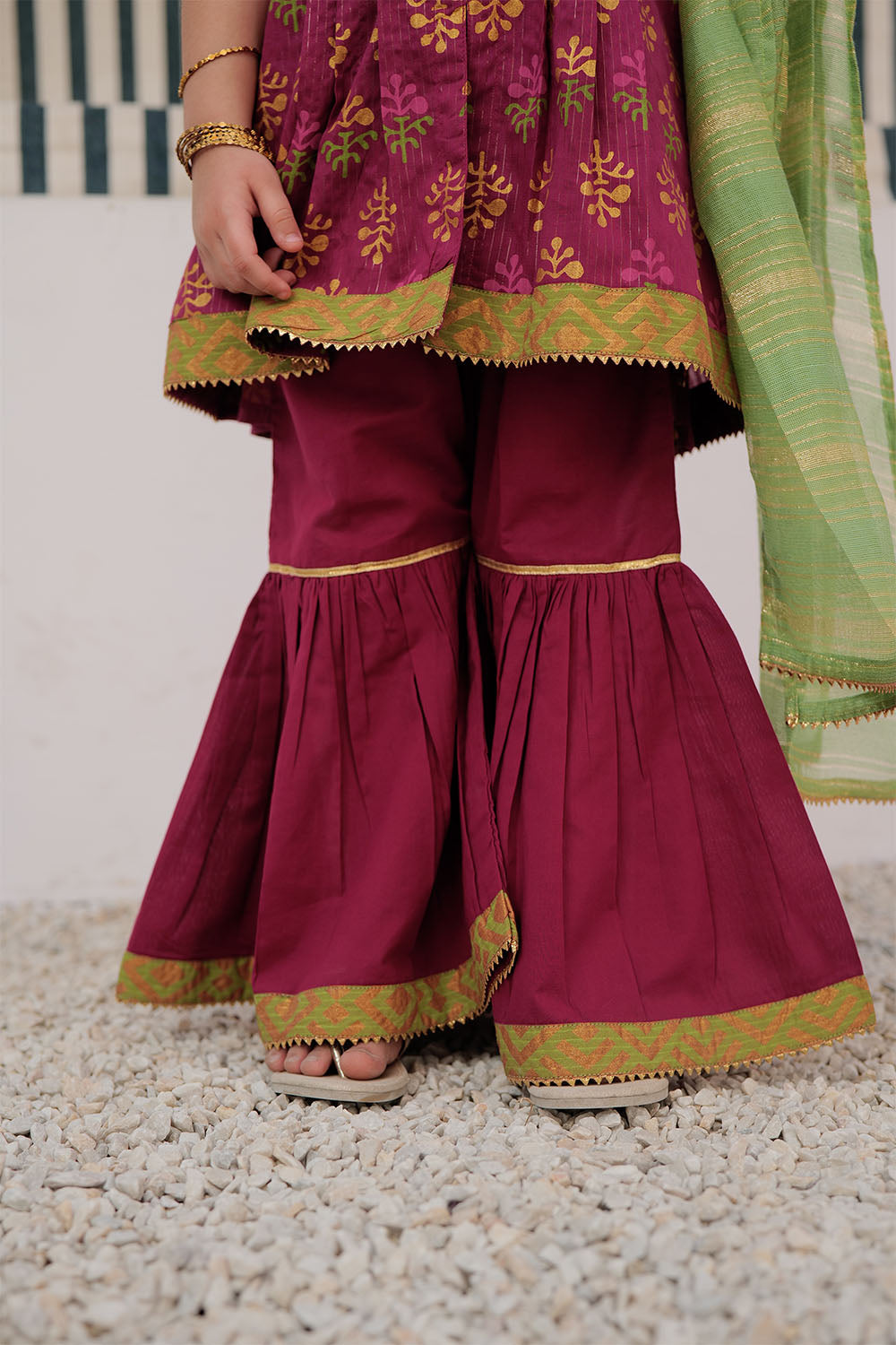 Elegant Cotton Dobby Dye Over Gold Print Magenta Stitched Suit for Senorita | Women's Formal Wear for Parties & Special Occasions