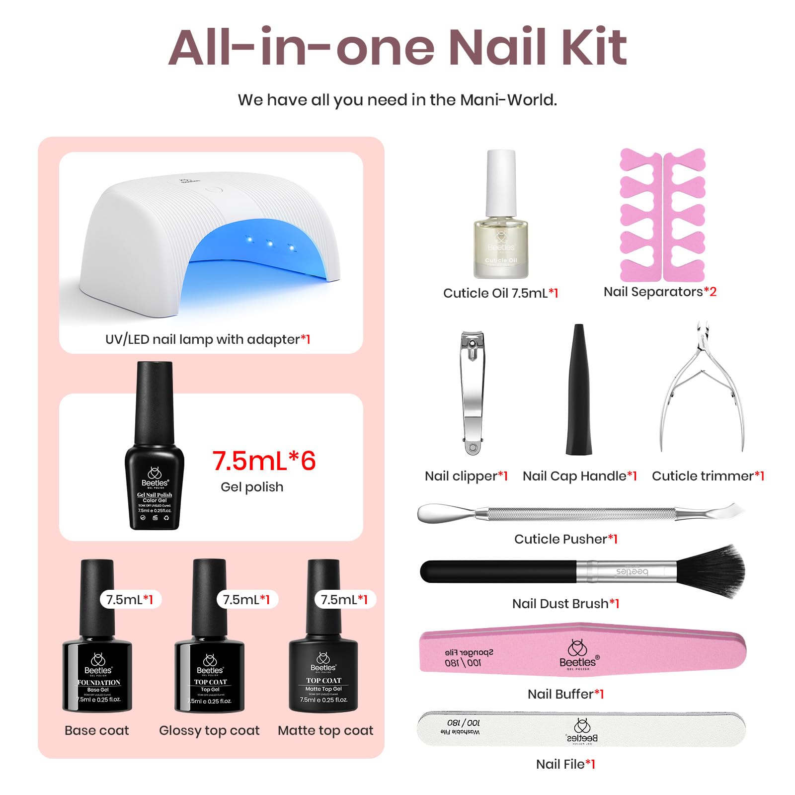 Beetles 6-in-1 Gel Nail Polish Kit with UV/LED Lamp - Nude Neutral Colors, Base & Top Coat - DIY Soak Off Manicure Set for Home & Salon Use - Perfect Gift for Women & Girls