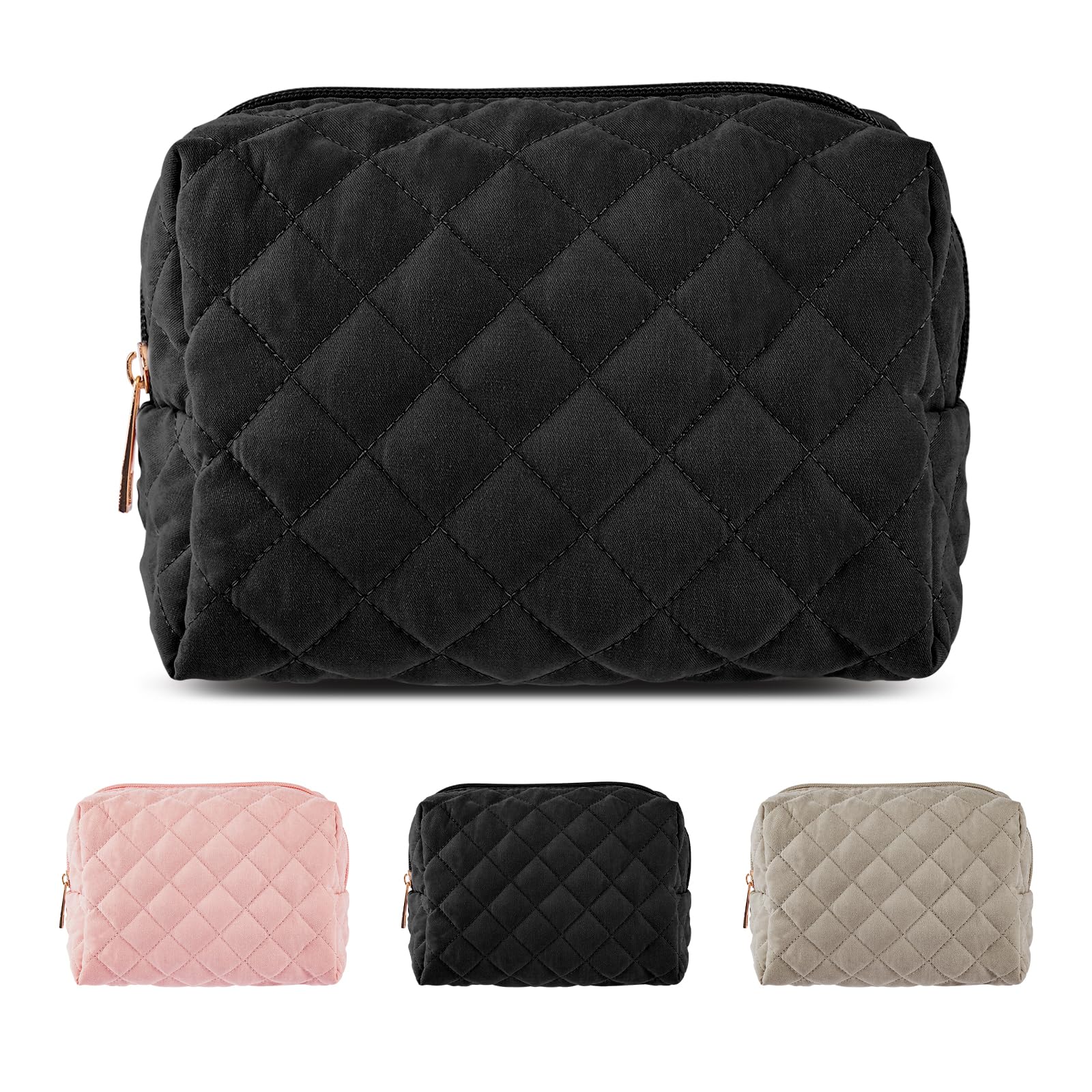 Stylish Small Cotton Quilted Makeup Bag for Women - Portable Cosmetic Pouch Purse (Black) | Perfect for Travel, Gym & Everyday Essentials