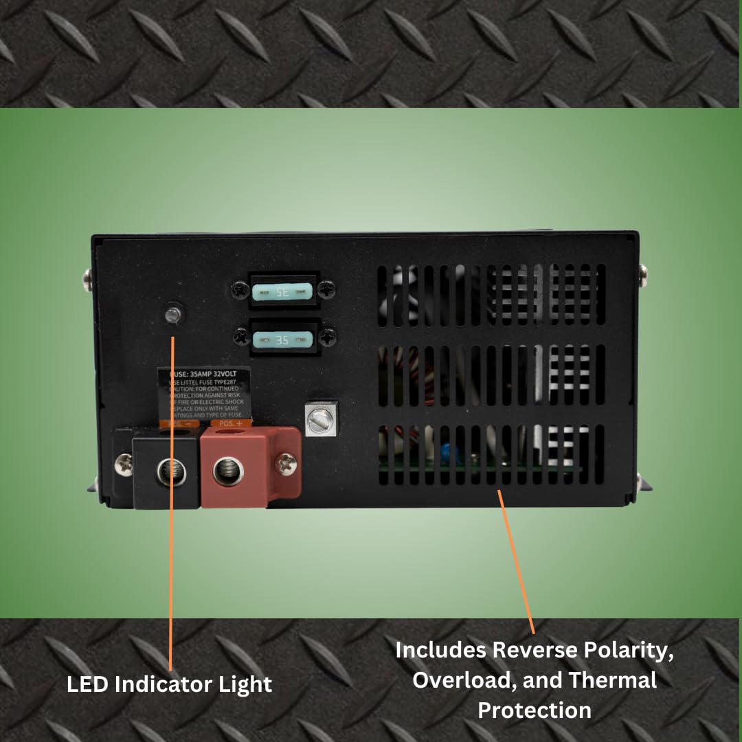 PowerMax PM3-45 45A Power Supply & Battery Charger - 110/120V AC to 0-12V DC Converter with 3-Stage Smart Charging, Cooling Fan & LED Indicator - Compatible with Lithium Batteries - Perfect for RV, Marine, Solar & Off-Grid Power Systems