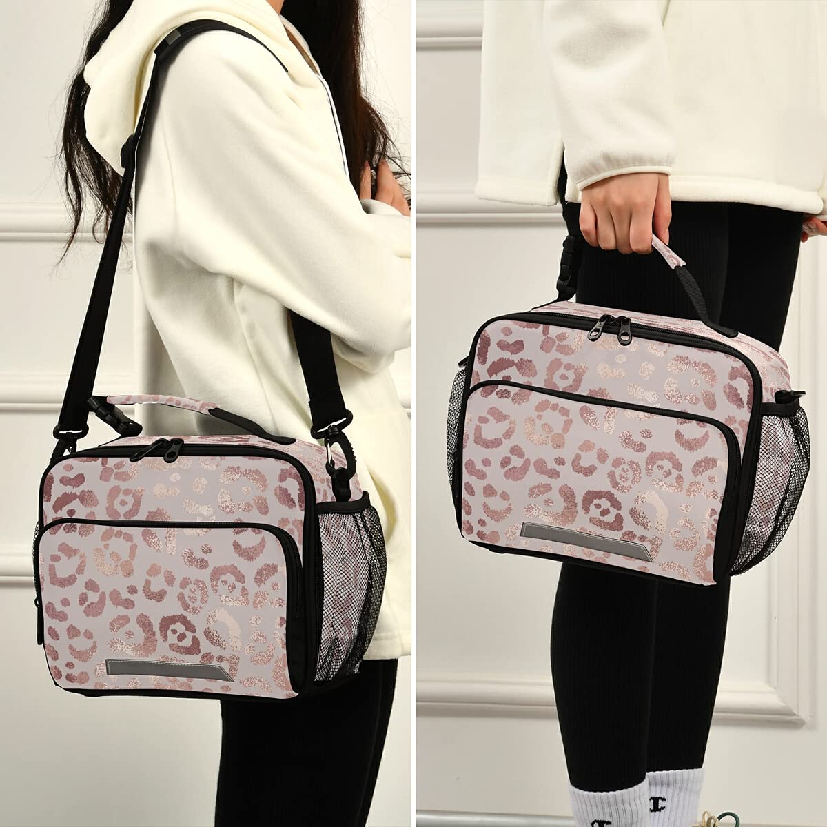 Elegant Rose Gold Leopard Insulated Lunch Bag for Women & Men - Adjustable Shoulder Strap, Leakproof Lunch Tote for Work, Office, School, Picnic & Outdoor Activities - Keep Food Fresh & Stylish All Day