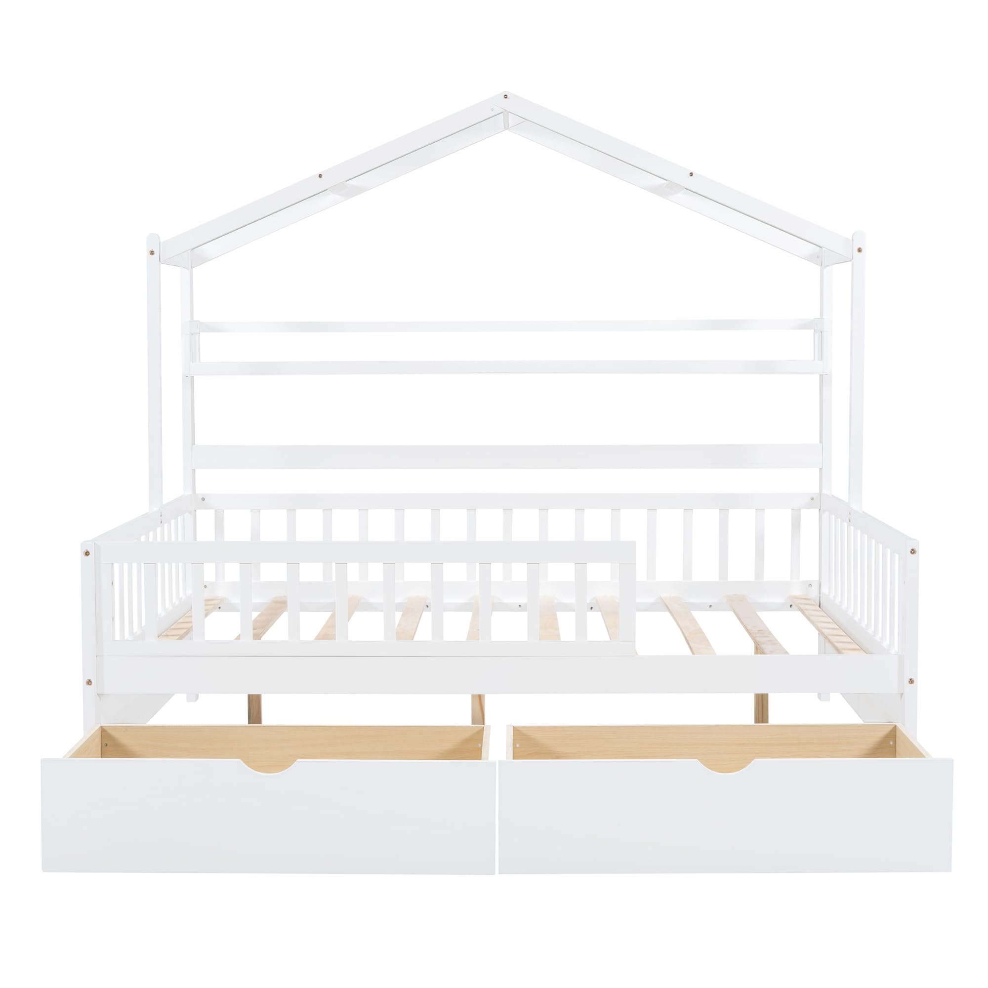 DEINPPA Full House Wooden Bed Frame for Kids with Drawers, Shelf & Safety Guardrails - No Box Spring Needed - Decorative Roof Design - Ideal for Boys, Girls, Toddlers & Children's Bedrooms (White) - Perfect for Small Spaces & Themed Kids' Rooms