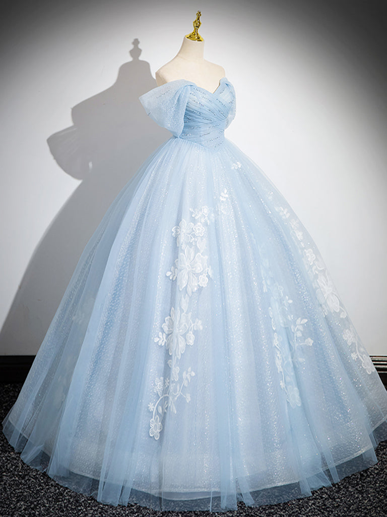 Elegant A-Line Tulle Lace Blue Long Prom Dress | Off-Shoulder Sweet 16 Formal Gown | Perfect for Homecoming, Quinceañera & Evening Parties